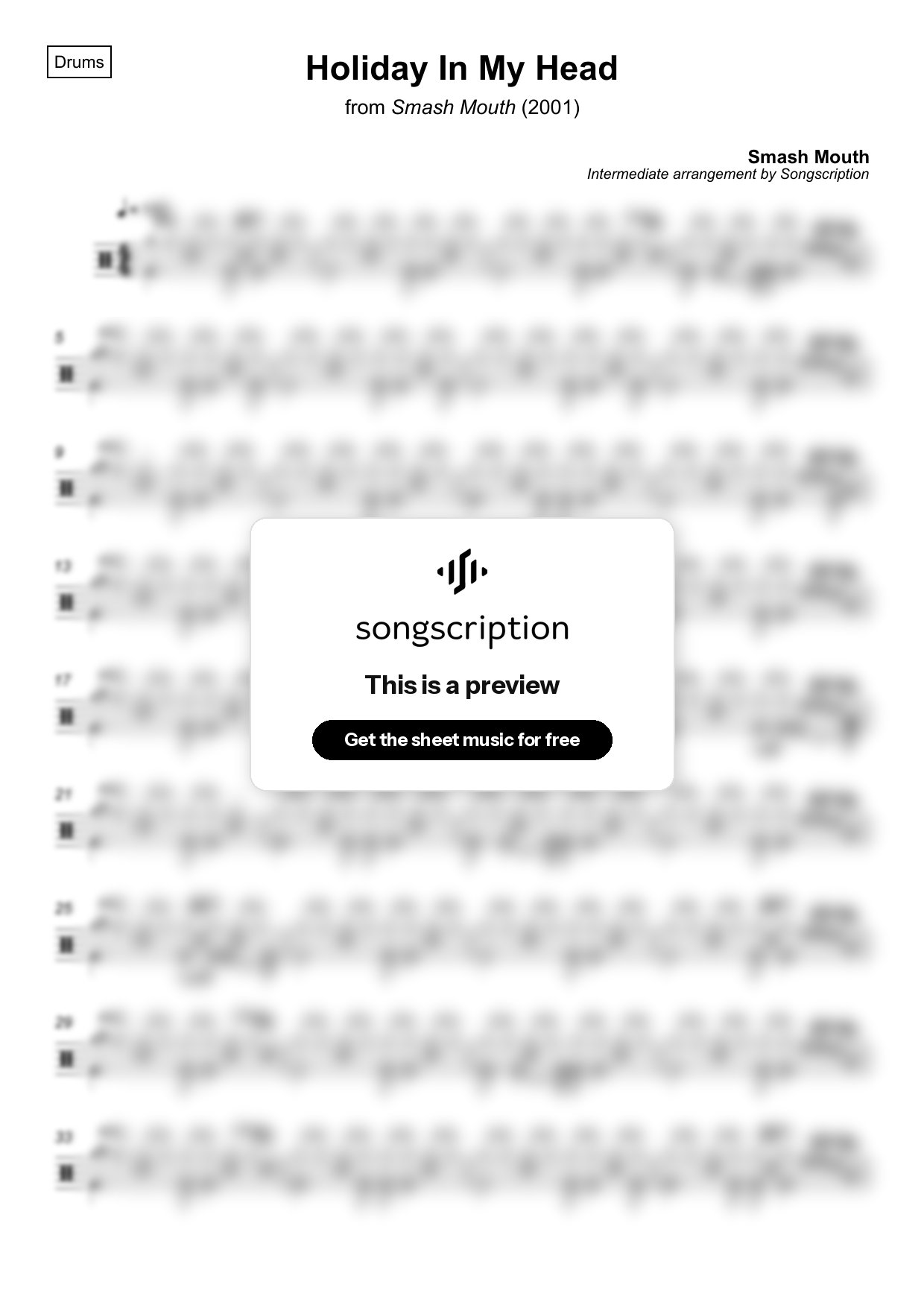 Intermediate Drums Sheet Music for "Holiday In My Head" by Smash Mouth