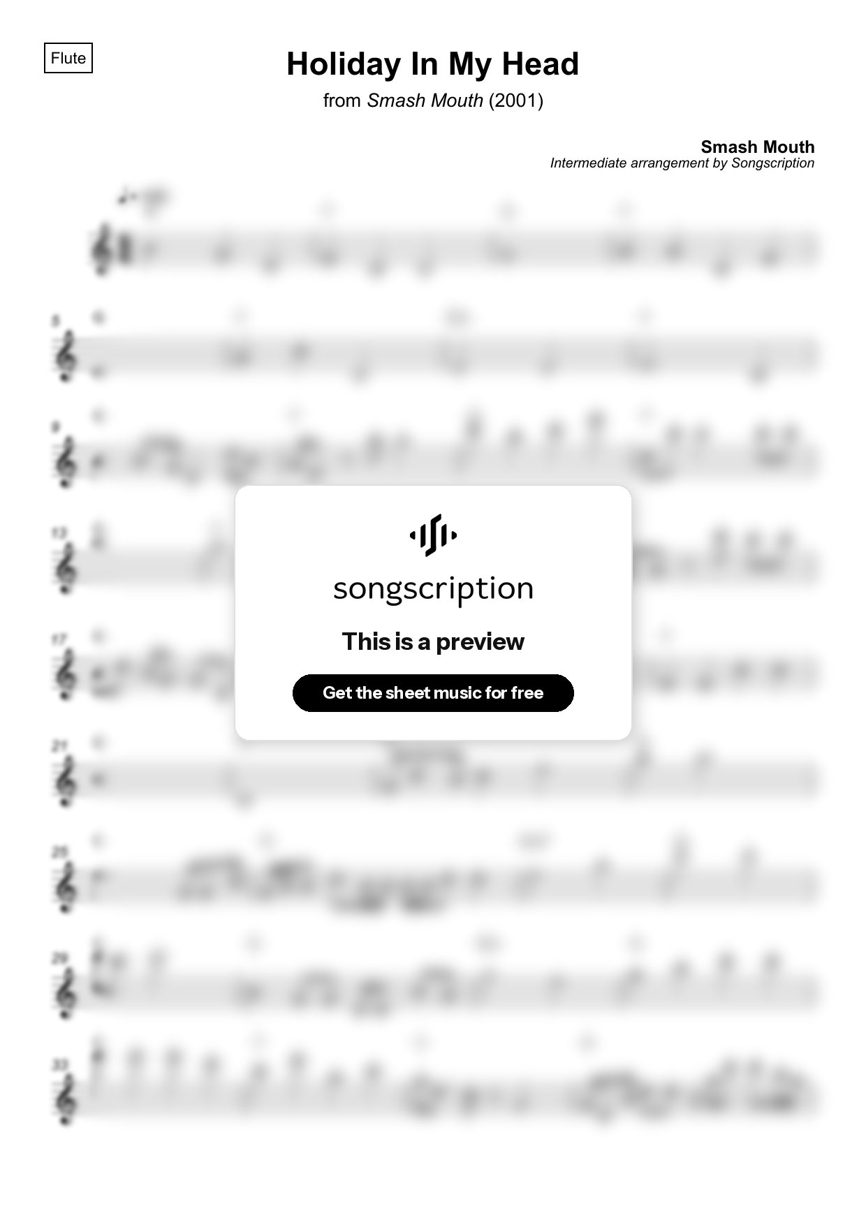 Intermediate Flute Sheet Music for "Holiday In My Head" by Smash Mouth