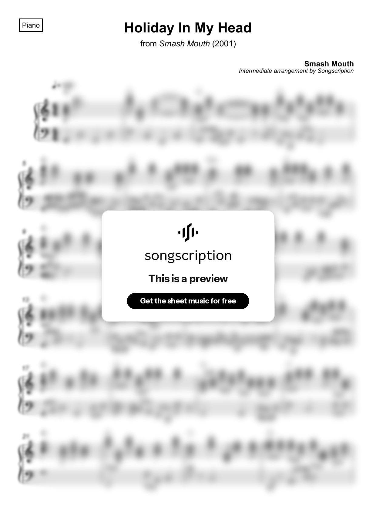 Intermediate Piano Sheet Music for "Holiday In My Head" by Smash Mouth