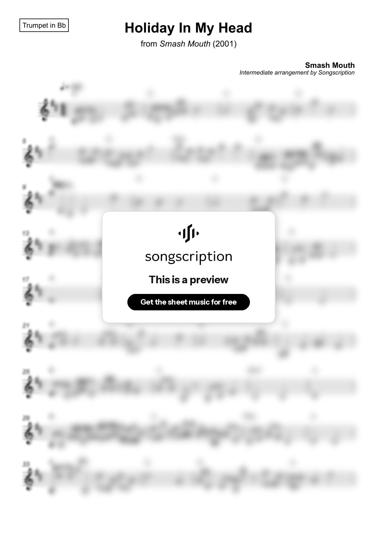 Intermediate Trumpet Sheet Music for "Holiday In My Head" by Smash Mouth