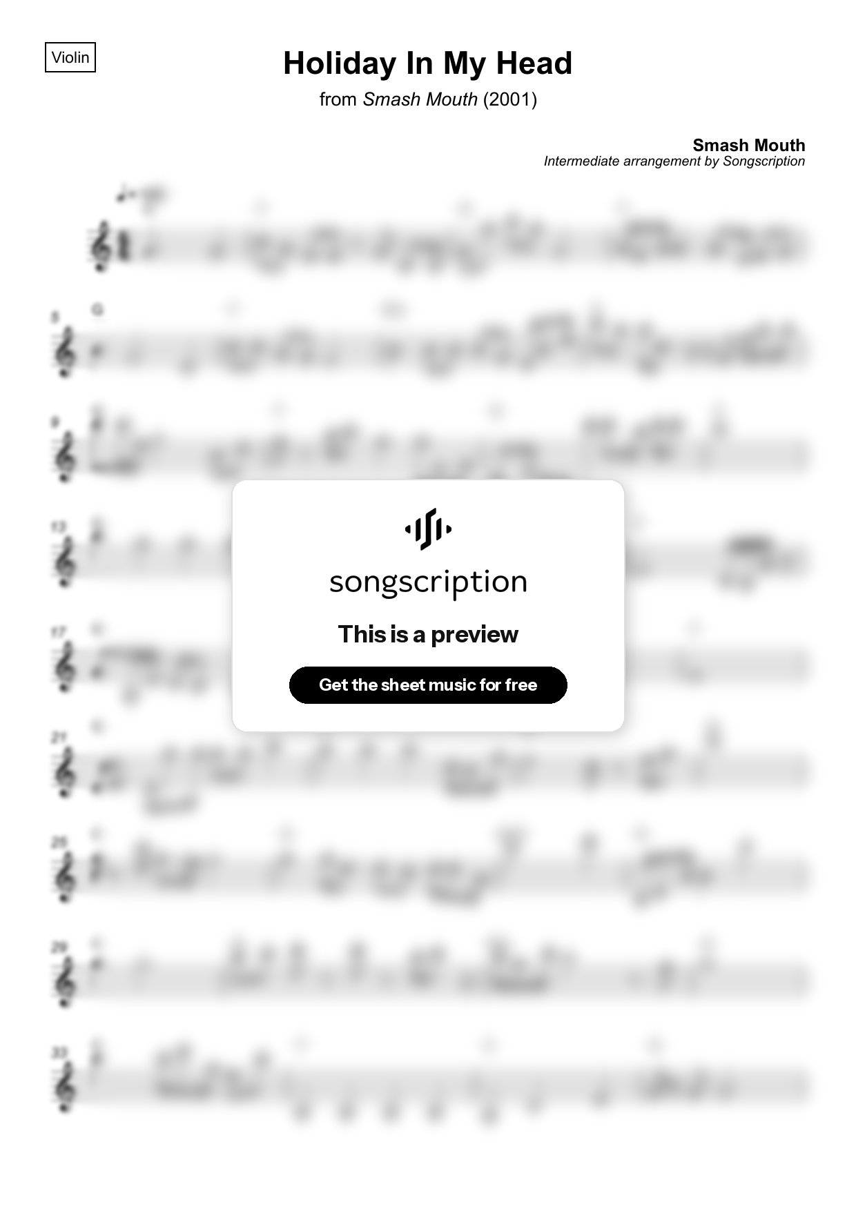 Intermediate Violin Sheet Music for "Holiday In My Head" by Smash Mouth