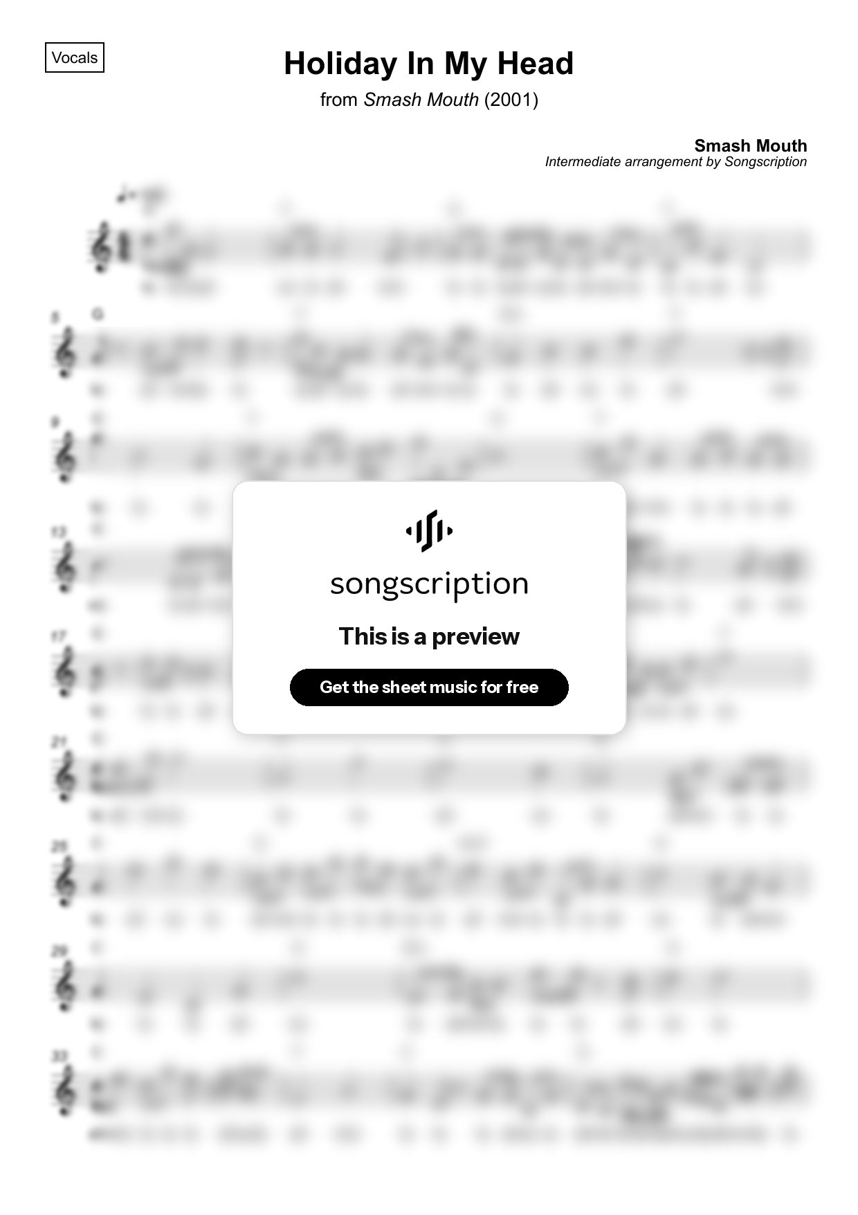 Intermediate Vocals Sheet Music for "Holiday In My Head" by Smash Mouth