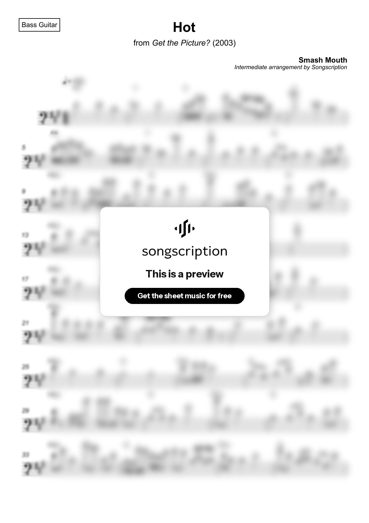 Intermediate Bass Guitar Sheet Music for "Hot" by Smash Mouth