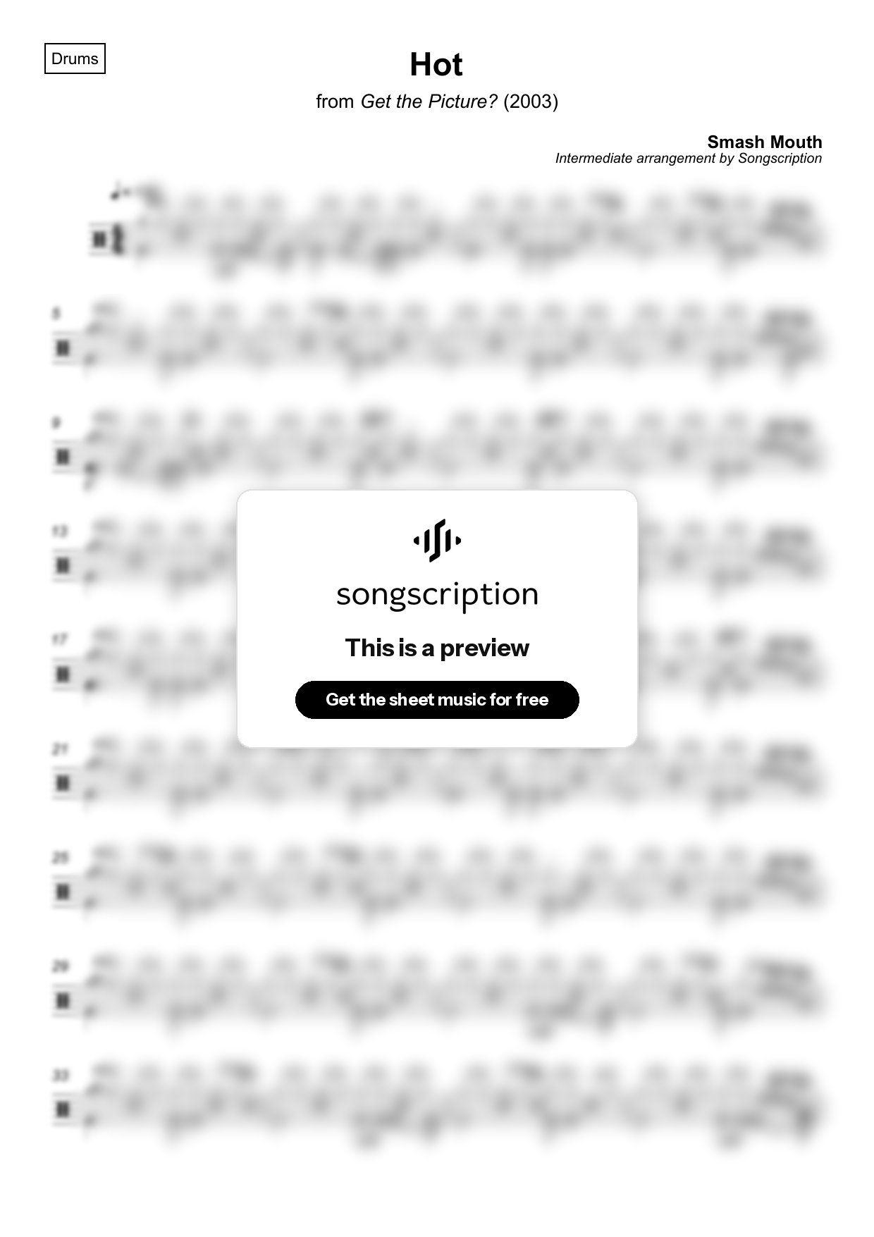 Intermediate Drums Sheet Music for "Hot" by Smash Mouth