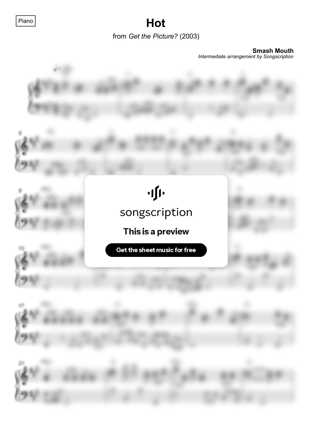 Intermediate Piano Sheet Music for "Hot" by Smash Mouth