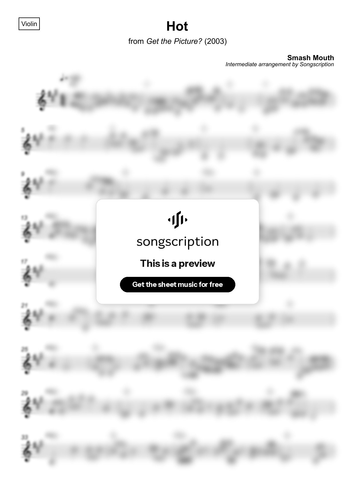 Intermediate Violin Sheet Music for "Hot" by Smash Mouth