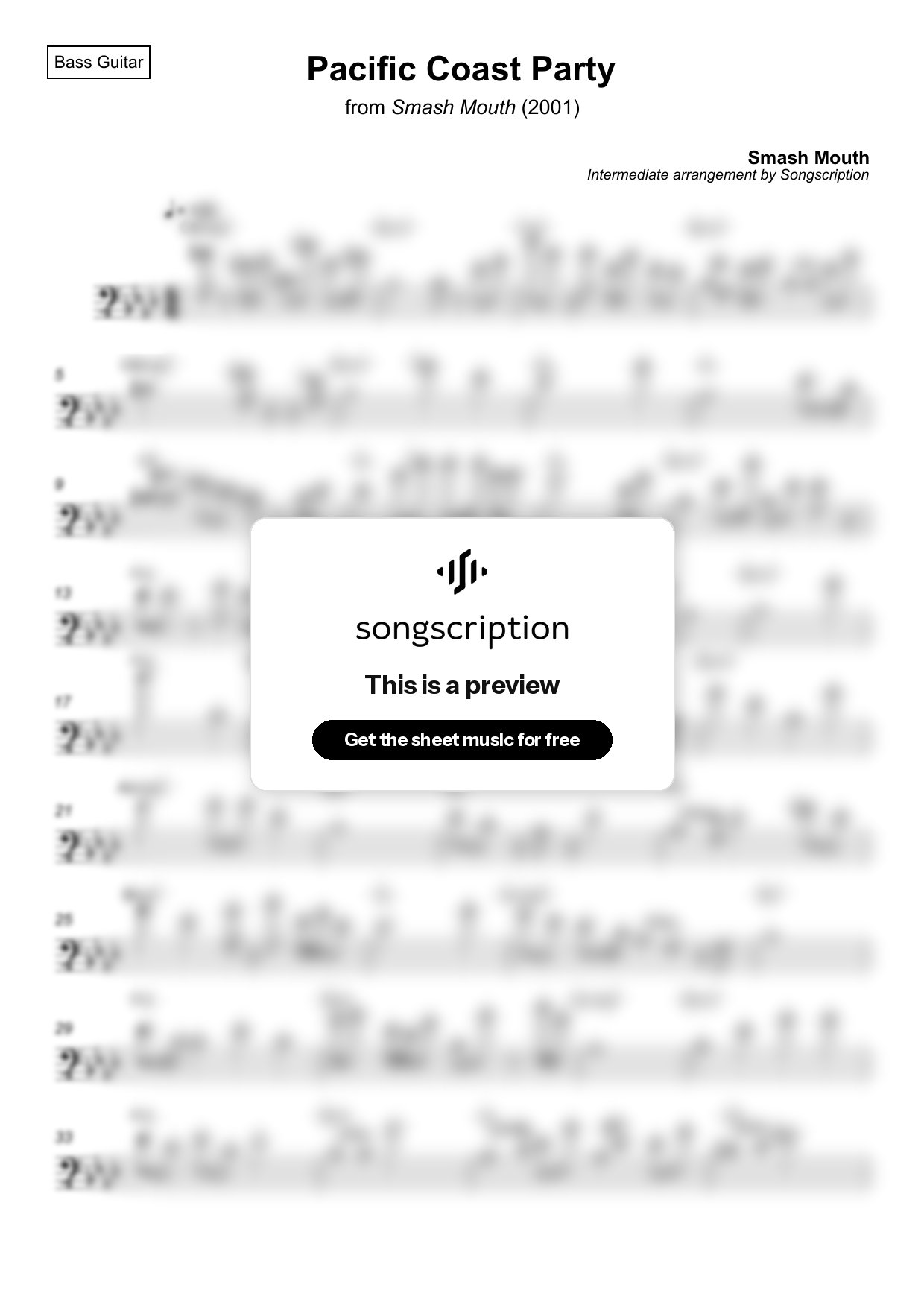 Intermediate Bass Guitar Sheet Music for "Pacific Coast Party" by Smash Mouth