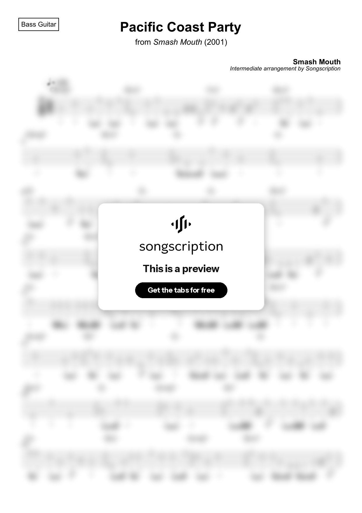 Intermediate Bass Guitar Tabs for "Pacific Coast Party" by Smash Mouth