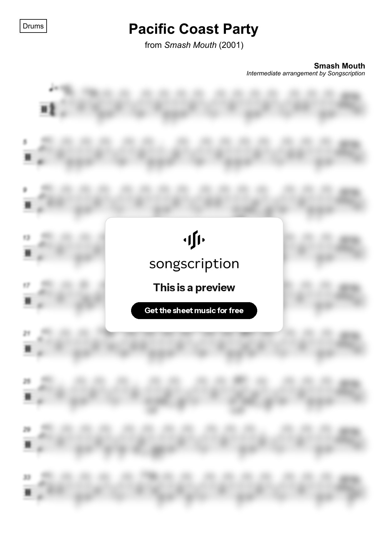 Intermediate Drums Sheet Music for "Pacific Coast Party" by Smash Mouth