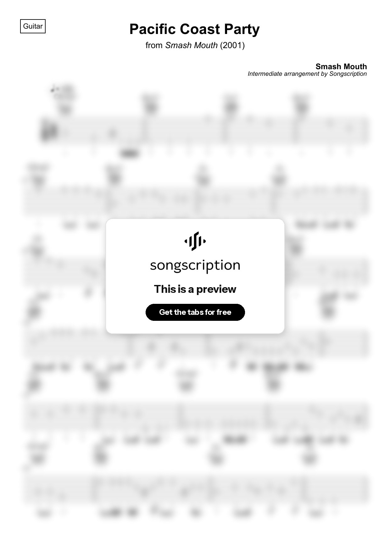 Intermediate Acoustic Guitar Tabs for "Pacific Coast Party" by Smash Mouth