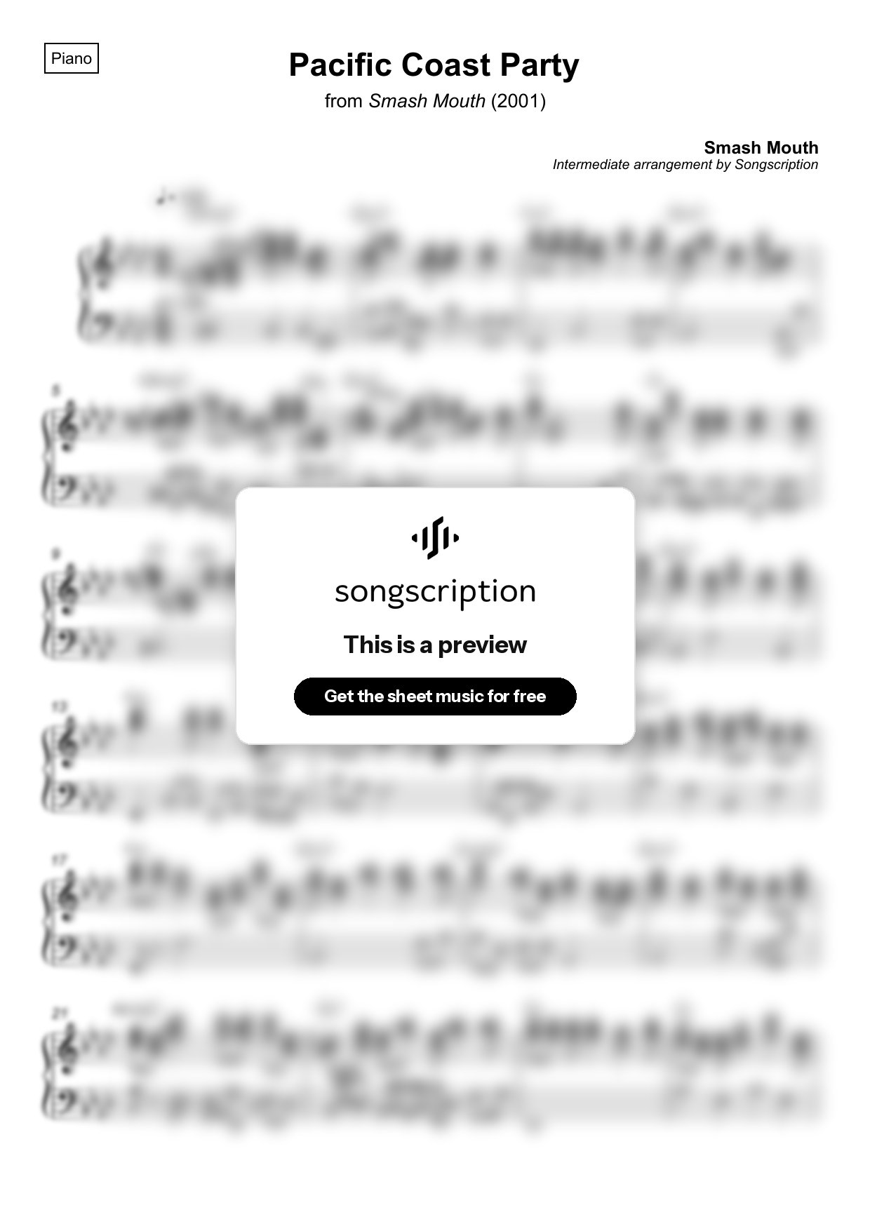 Intermediate Piano Sheet Music for "Pacific Coast Party" by Smash Mouth