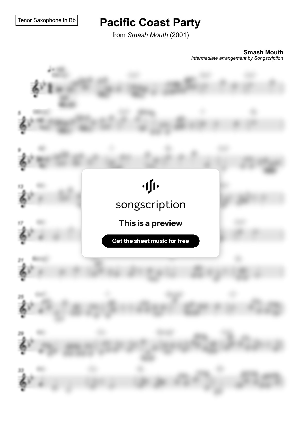Intermediate Tenor Sax Sheet Music for "Pacific Coast Party" by Smash Mouth