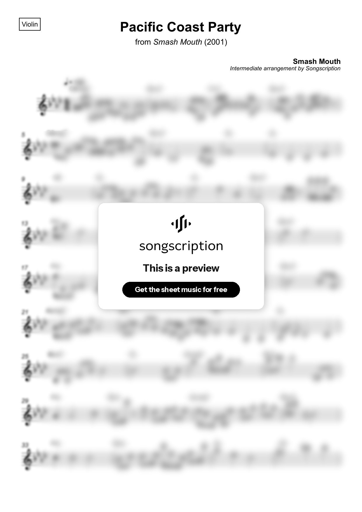 Intermediate Violin Sheet Music for "Pacific Coast Party" by Smash Mouth