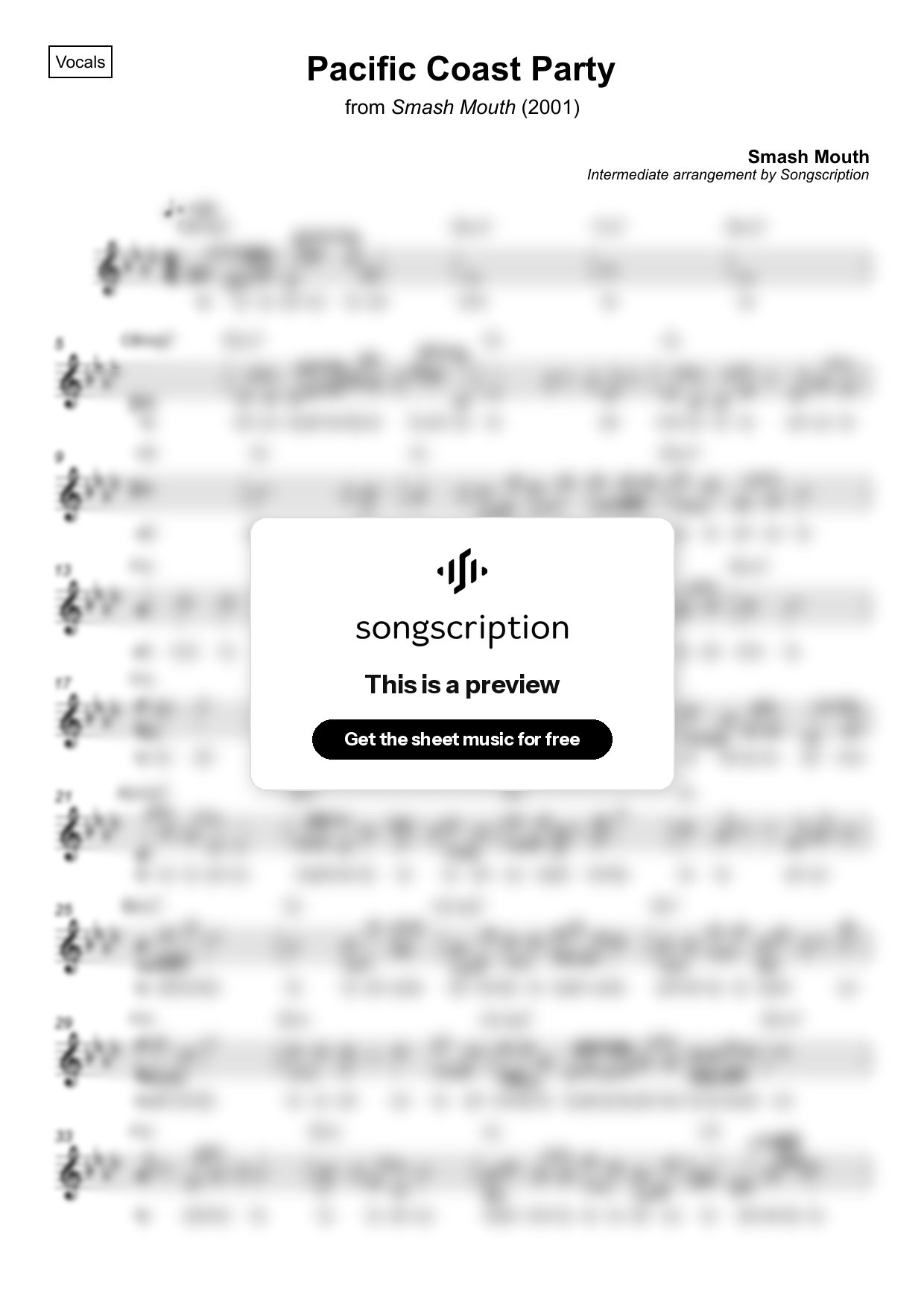 Intermediate Vocals Sheet Music for "Pacific Coast Party" by Smash Mouth