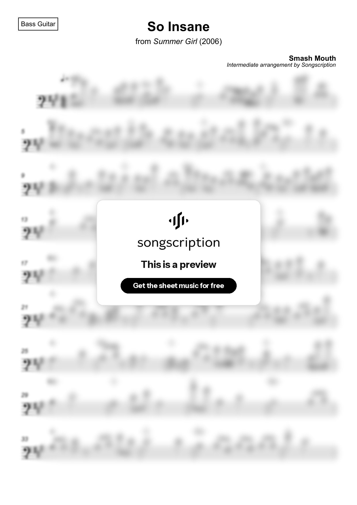 Intermediate Bass Guitar Sheet Music for "So Insane" by Smash Mouth