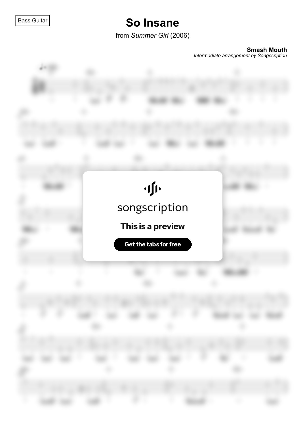 Intermediate Bass Guitar Tabs for "So Insane" by Smash Mouth