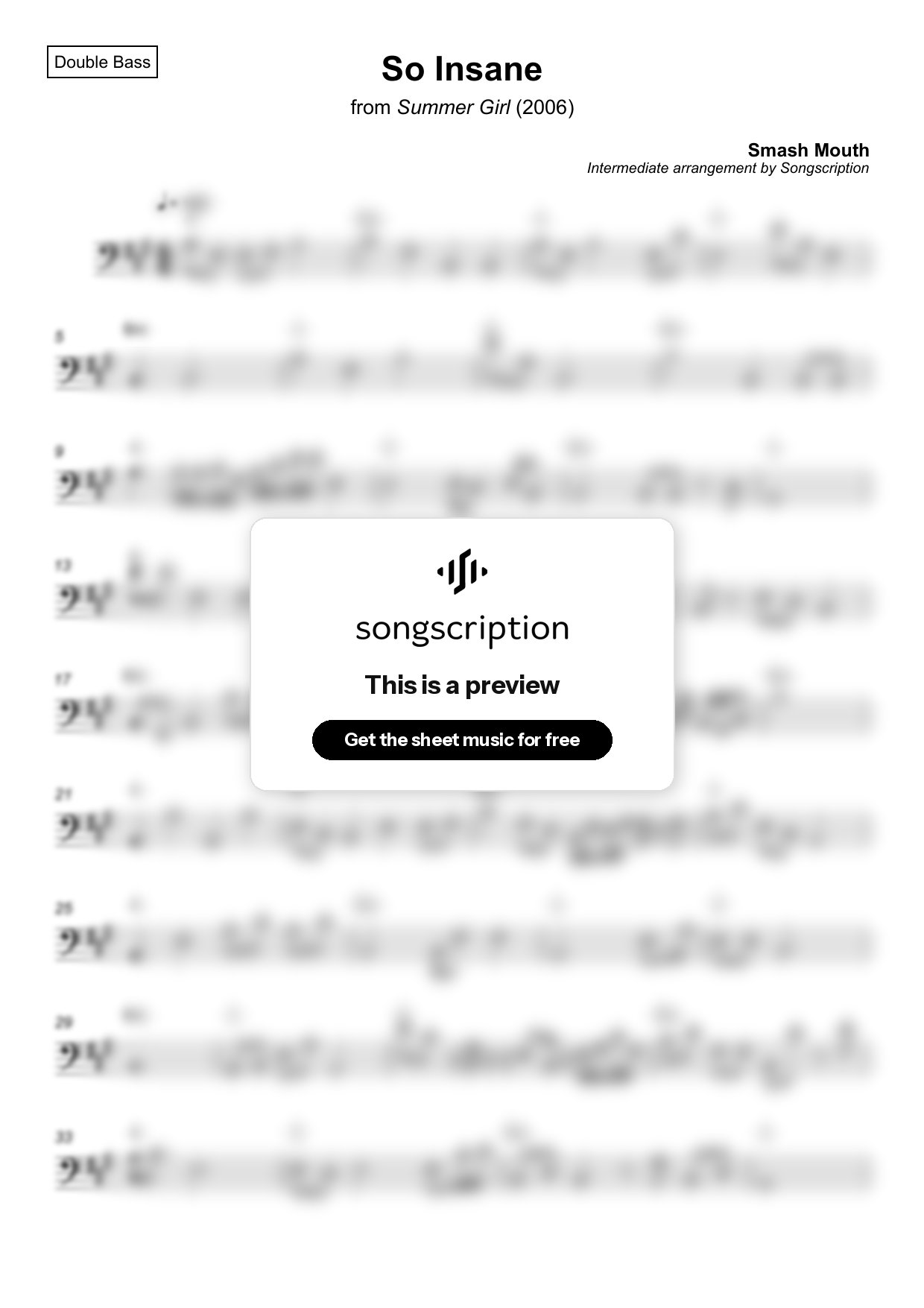 Intermediate Double Bass Sheet Music for "So Insane" by Smash Mouth