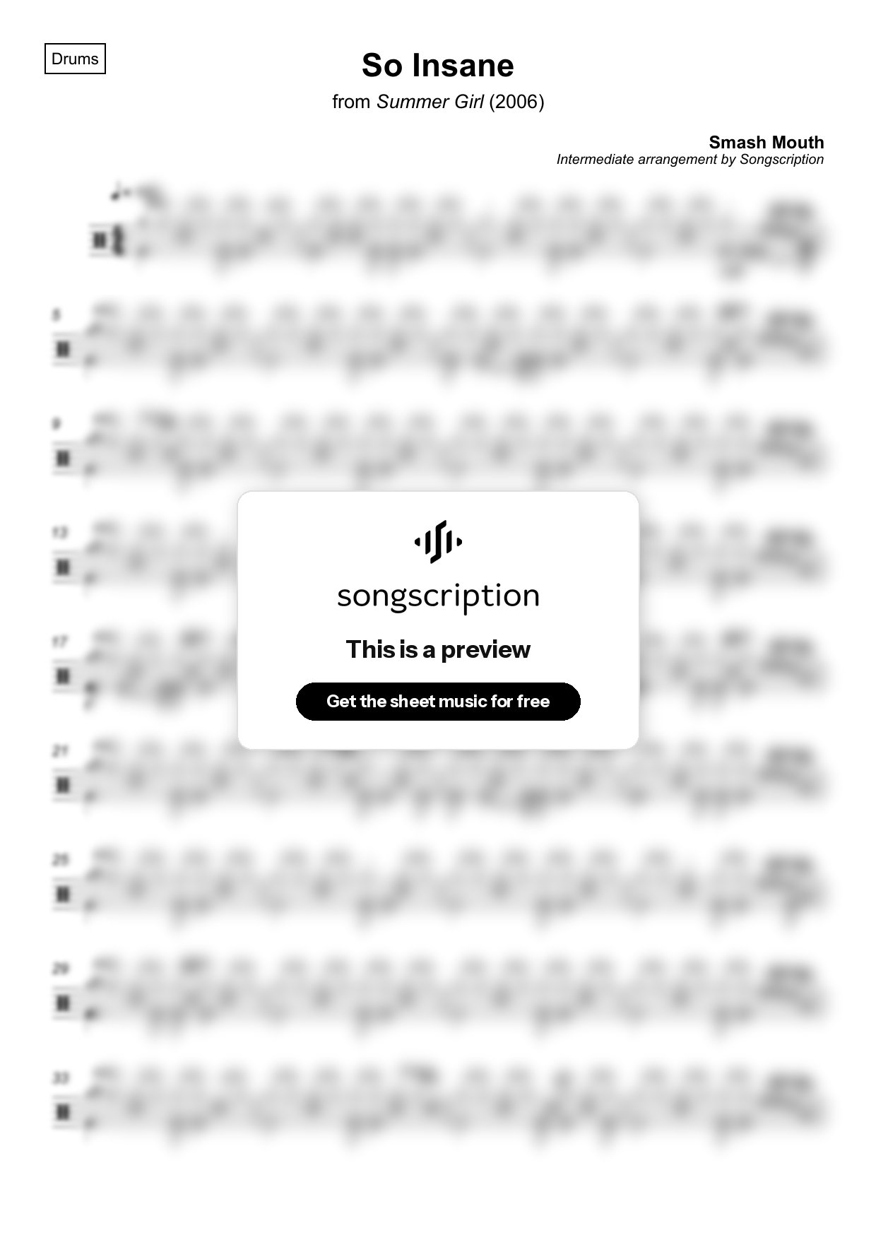 Intermediate Drums Sheet Music for "So Insane" by Smash Mouth