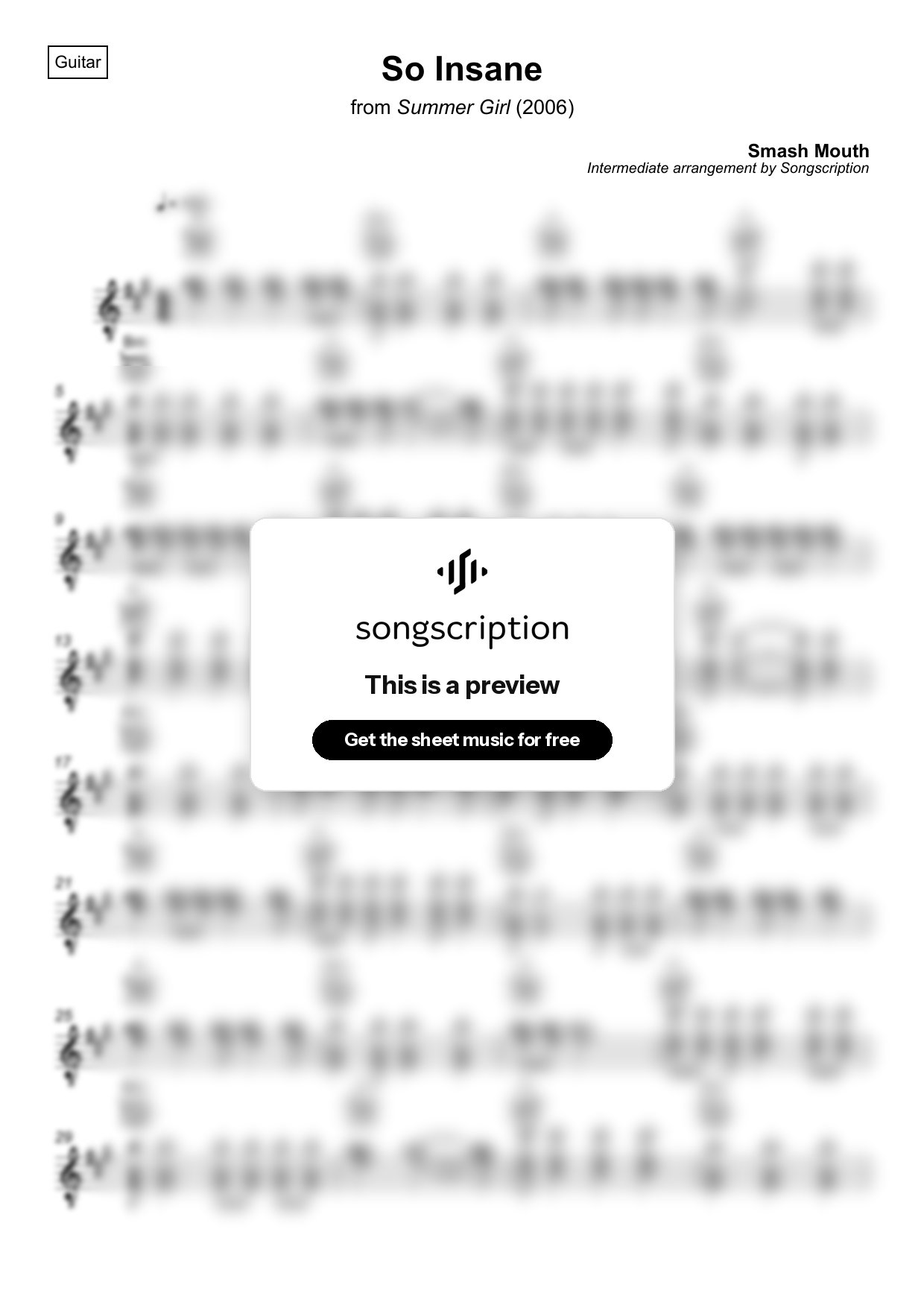 Intermediate Acoustic Guitar Sheet Music for "So Insane" by Smash Mouth