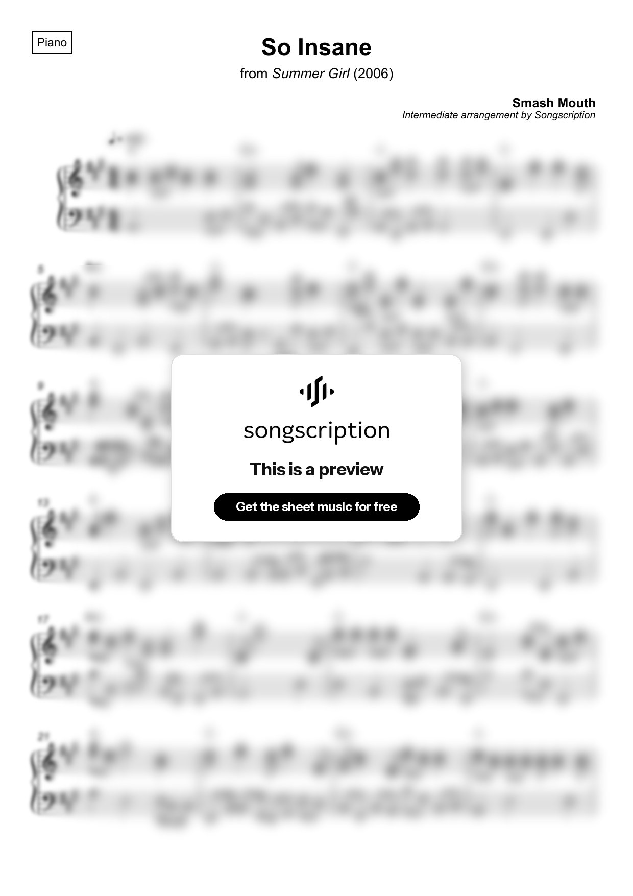 Intermediate Piano Sheet Music for "So Insane" by Smash Mouth