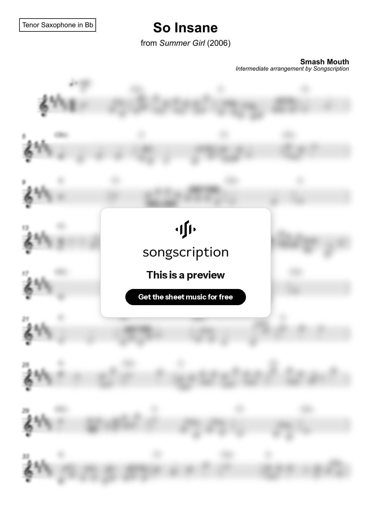 Intermediate Tenor Sax Sheet Music for "So Insane" by Smash Mouth