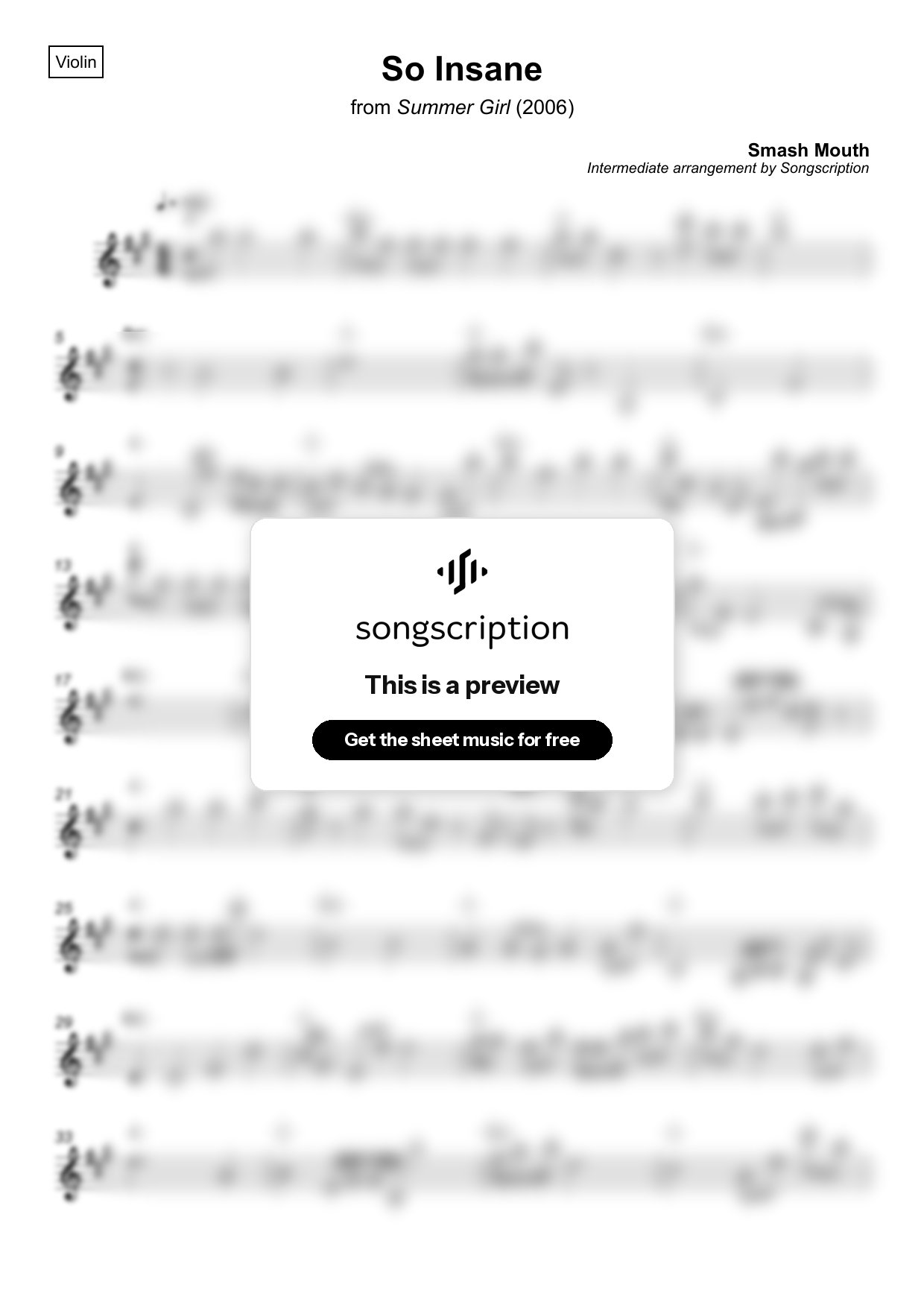 Intermediate Violin Sheet Music for "So Insane" by Smash Mouth