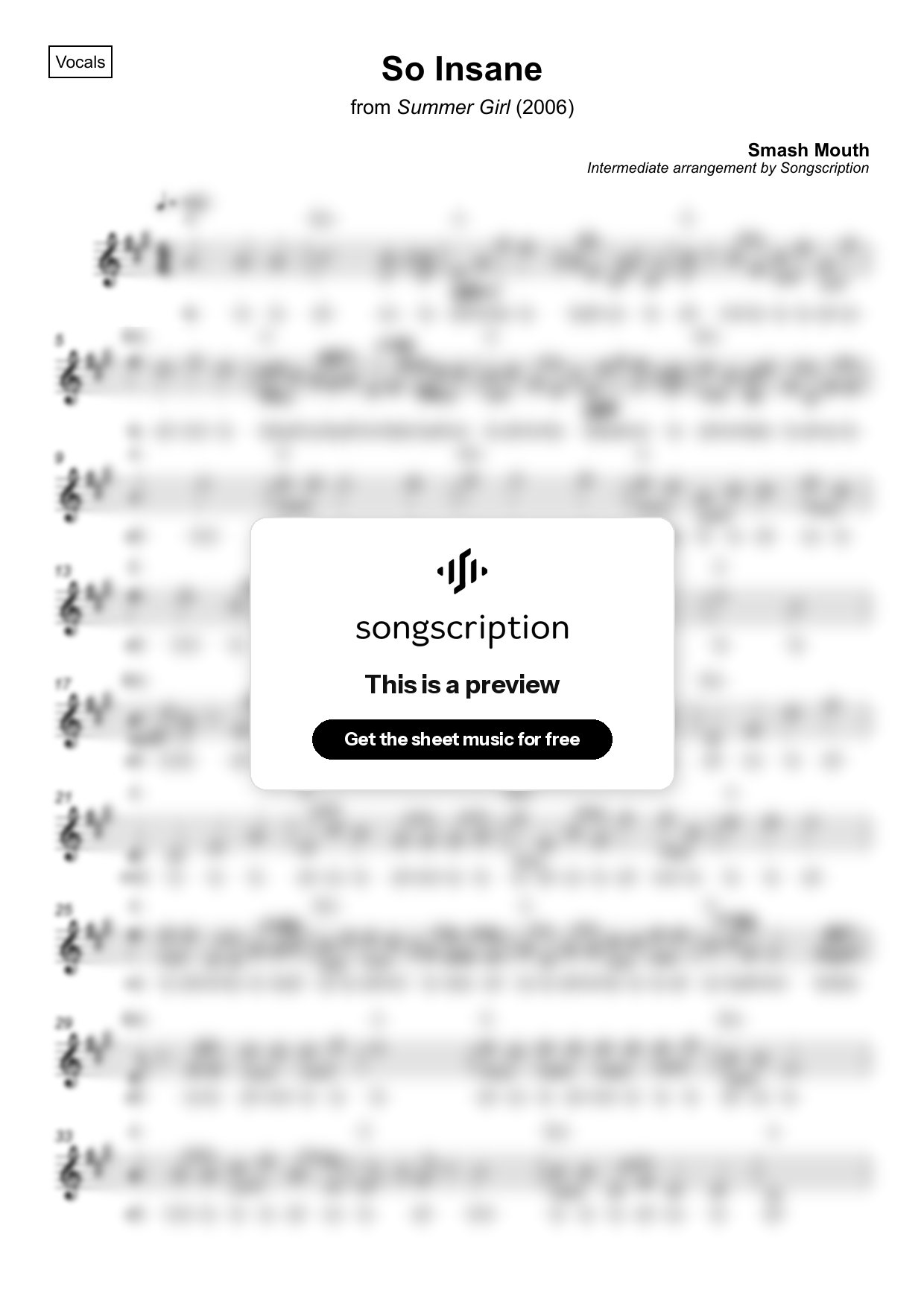 Intermediate Vocals Sheet Music for "So Insane" by Smash Mouth