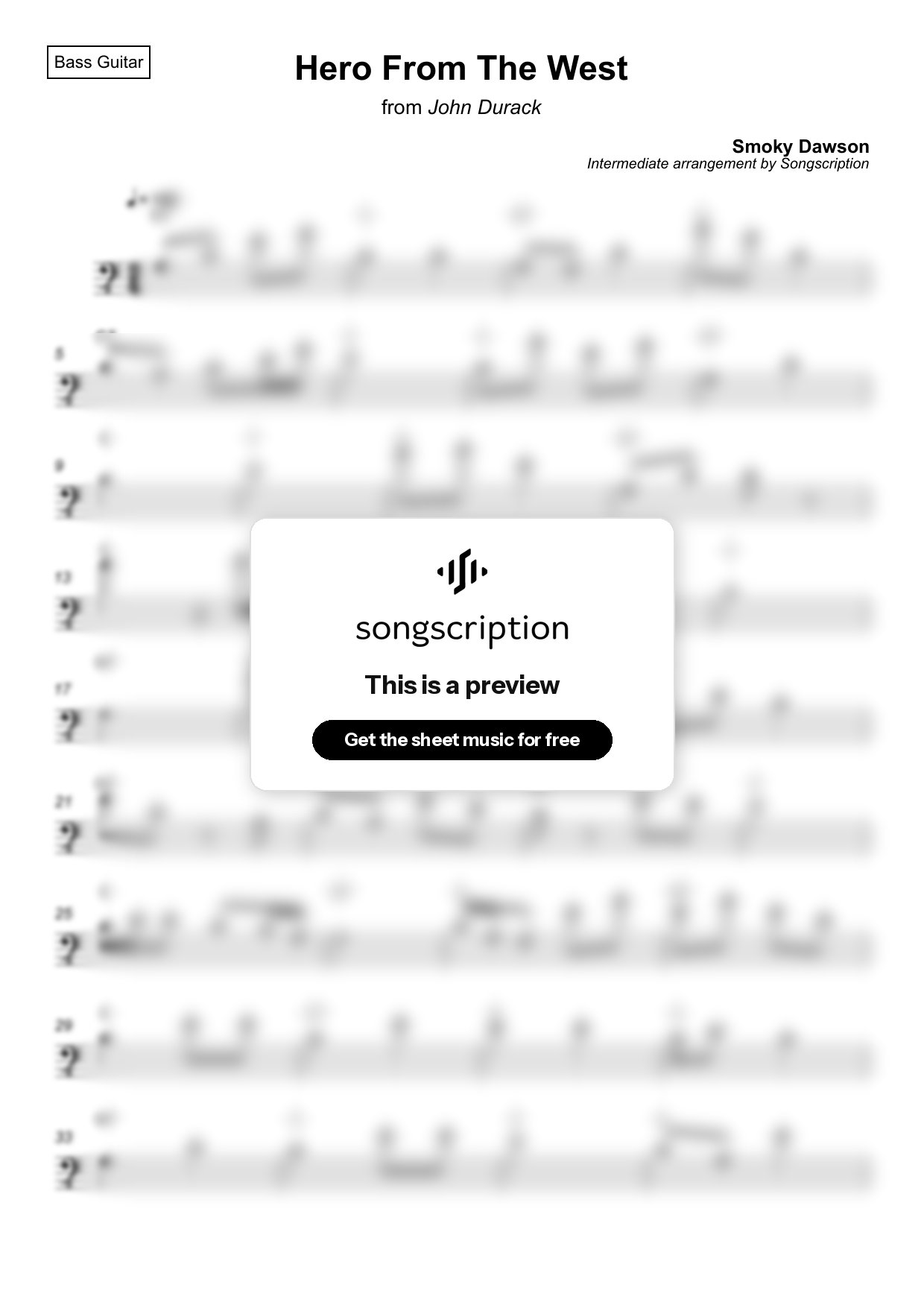 Intermediate Bass Guitar Sheet Music for "Hero From The West" by Smoky Dawson