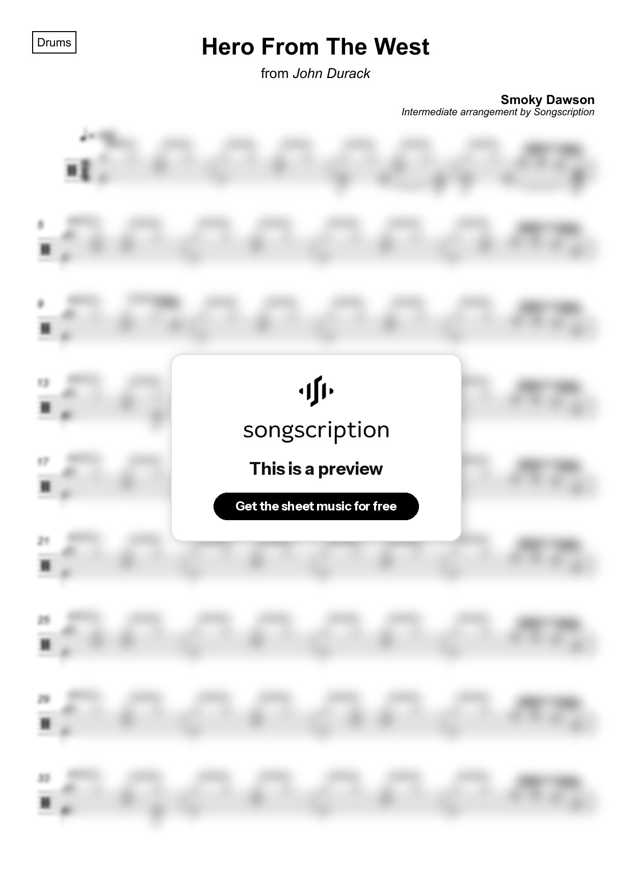 Intermediate Drums Sheet Music for "Hero From The West" by Smoky Dawson