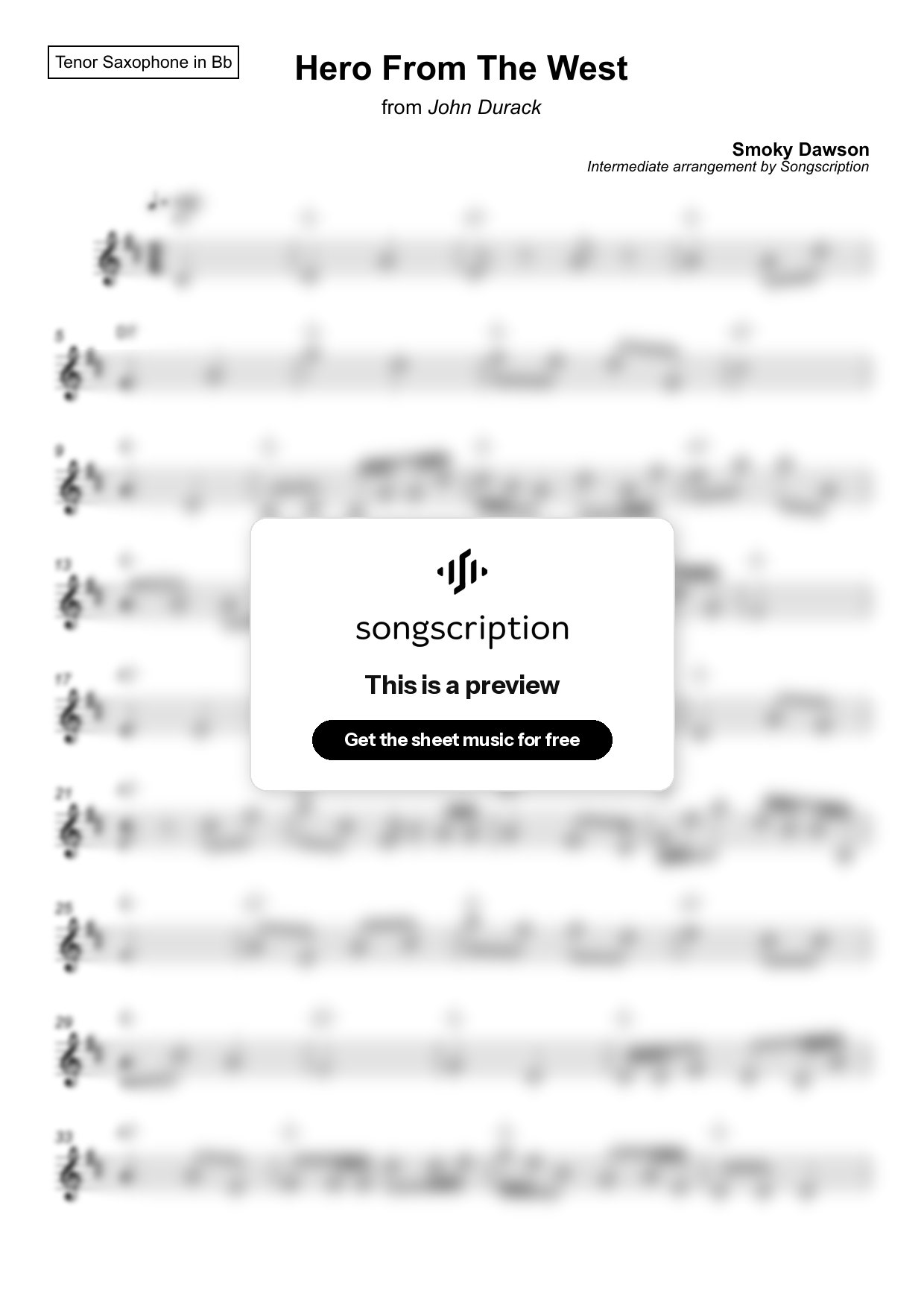 Intermediate Tenor Sax Sheet Music for "Hero From The West" by Smoky Dawson