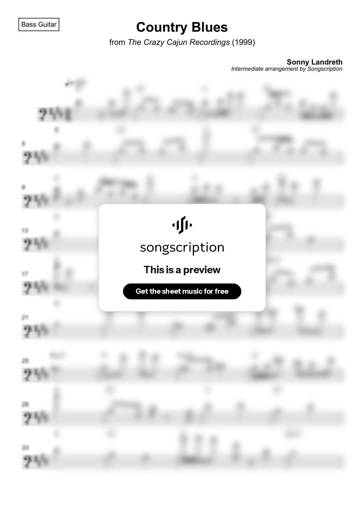 Intermediate Bass Guitar Sheet Music for "Country Blues" by Sonny Landreth