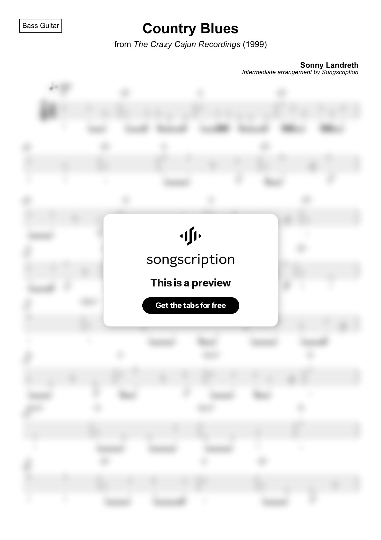 Intermediate Bass Guitar Tabs for "Country Blues" by Sonny Landreth