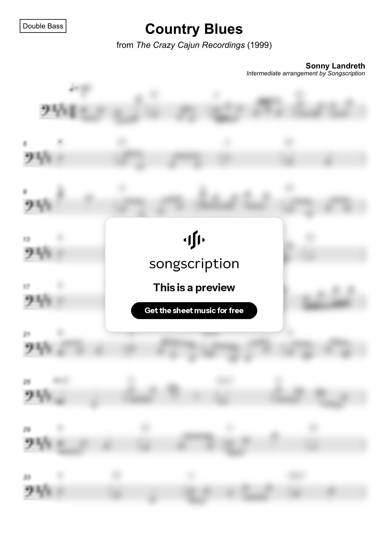 Intermediate Double Bass Sheet Music for "Country Blues" by Sonny Landreth