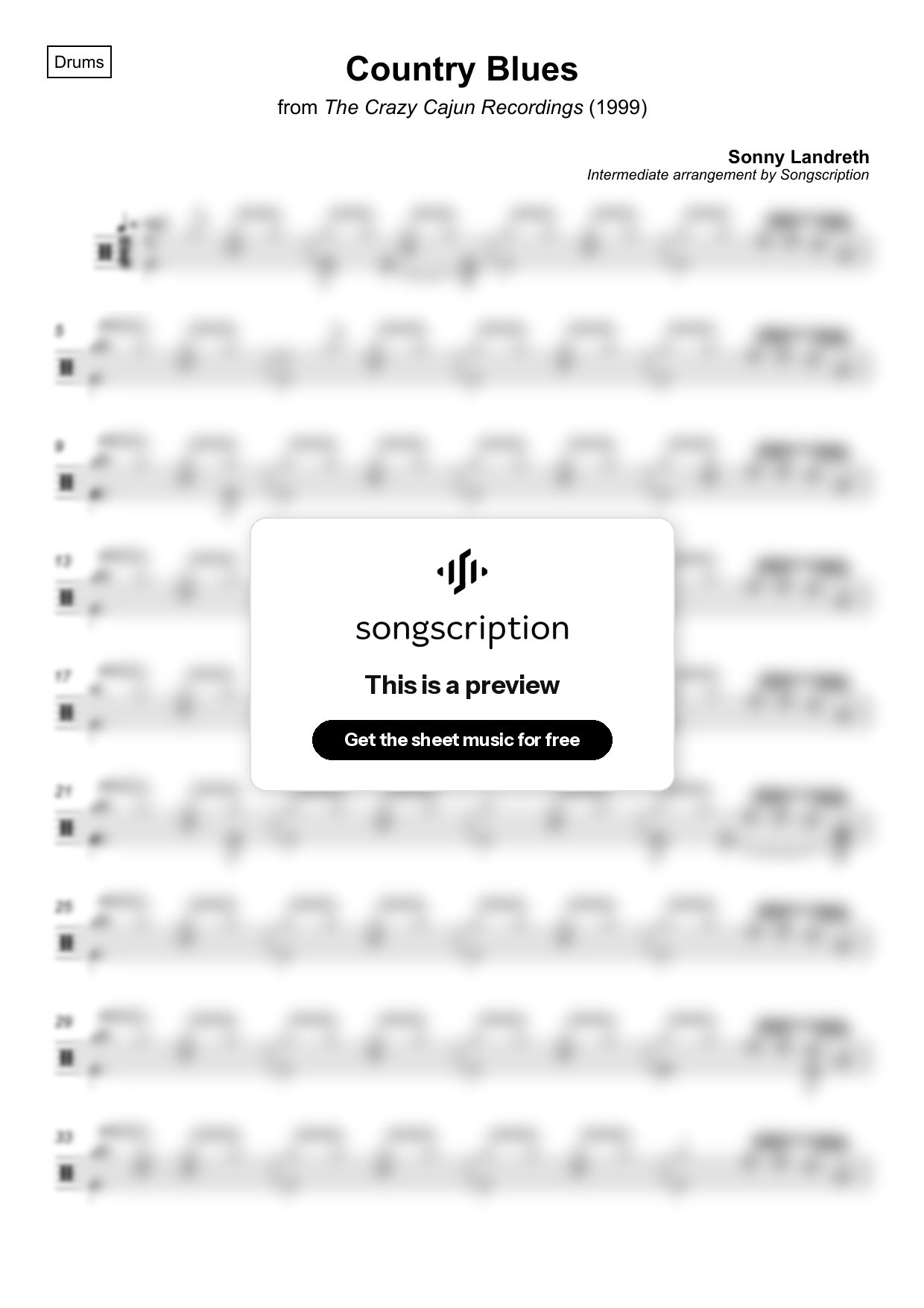 Intermediate Drums Sheet Music for "Country Blues" by Sonny Landreth