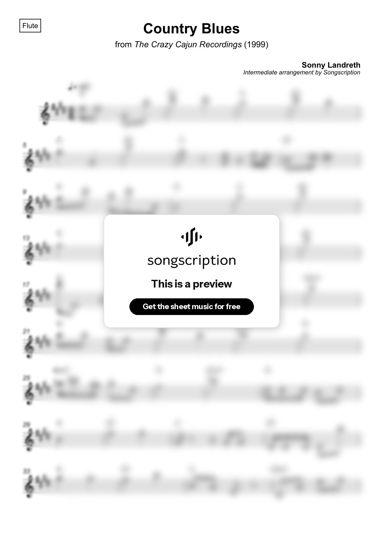 Intermediate Flute Sheet Music for "Country Blues" by Sonny Landreth