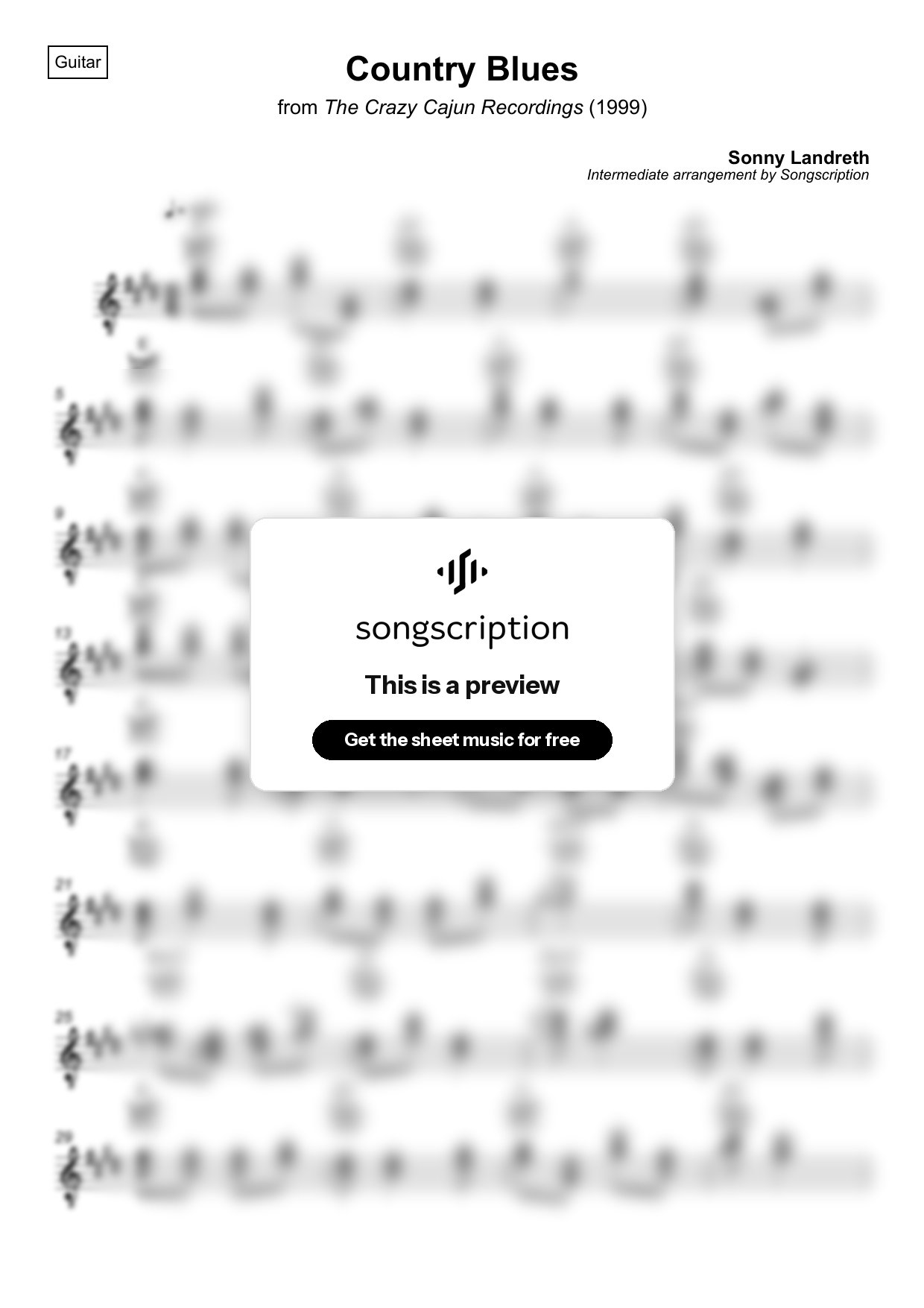 Intermediate Acoustic Guitar Sheet Music for "Country Blues" by Sonny Landreth