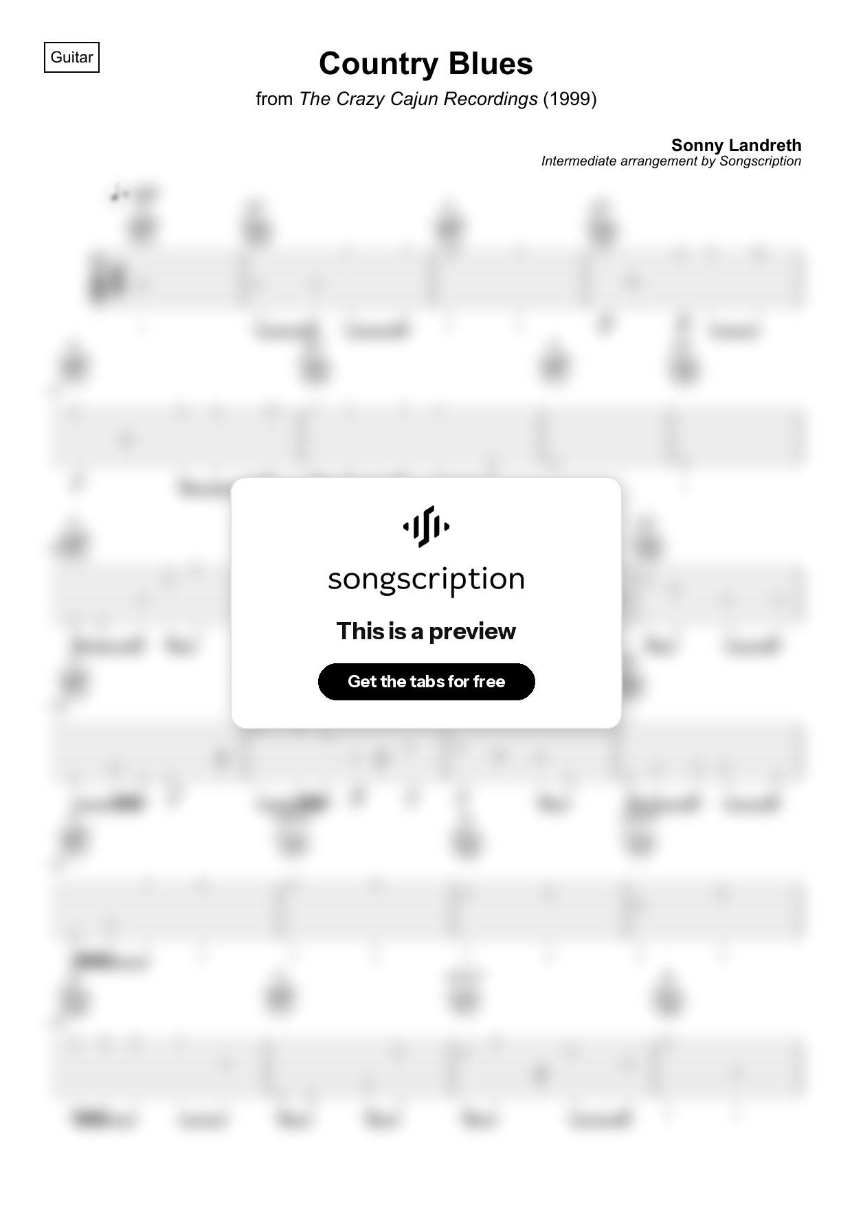 Intermediate Acoustic Guitar Tabs for "Country Blues" by Sonny Landreth