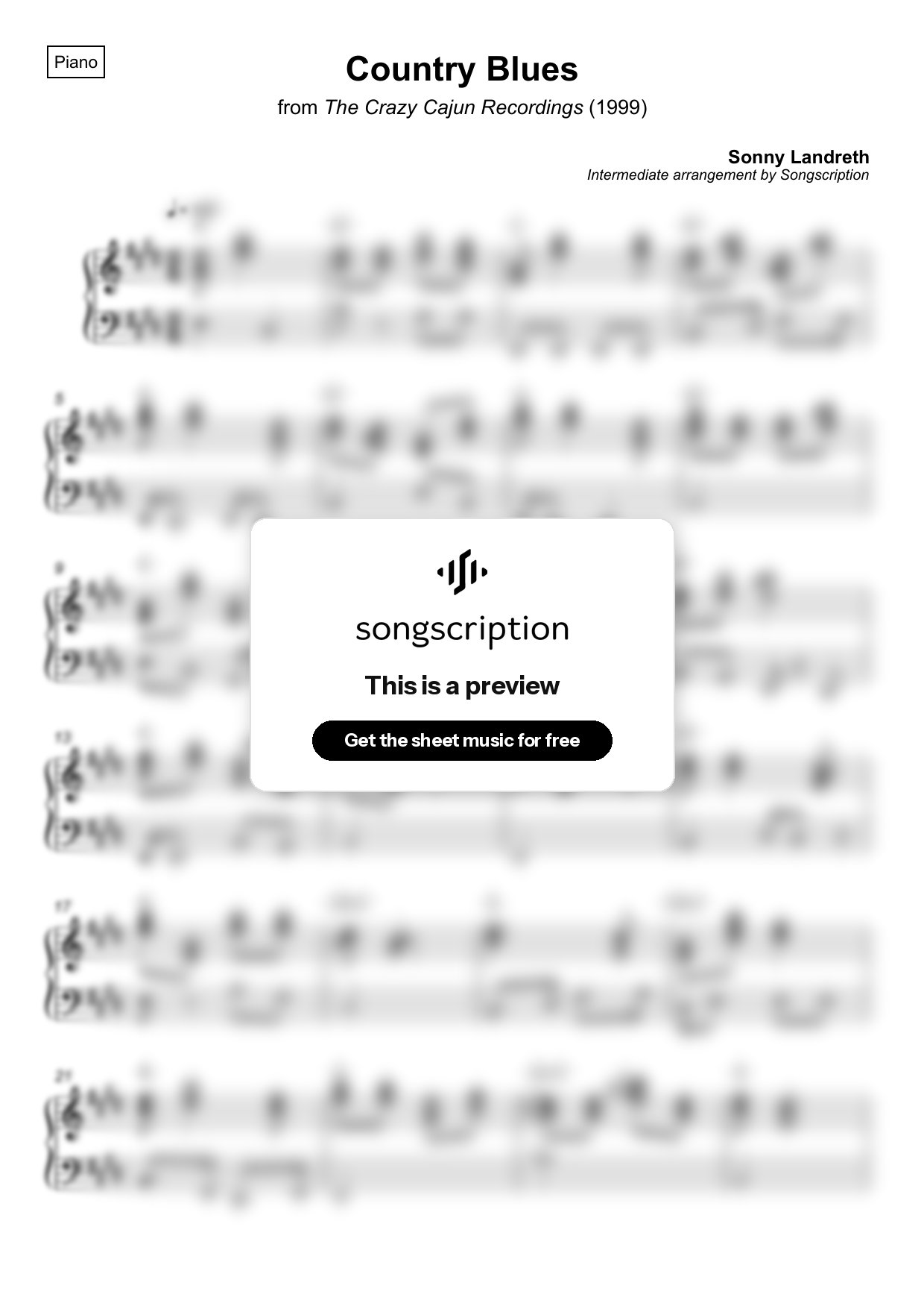 Intermediate Piano Sheet Music for "Country Blues" by Sonny Landreth