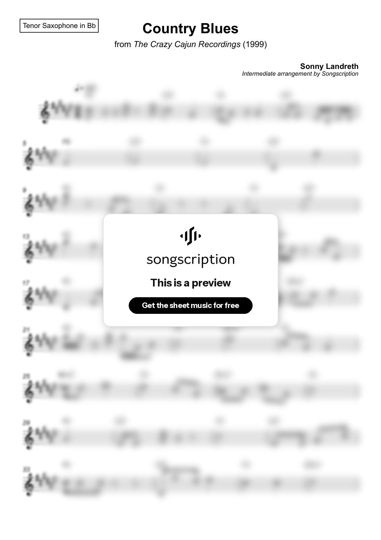 Intermediate Tenor Sax Sheet Music for "Country Blues" by Sonny Landreth