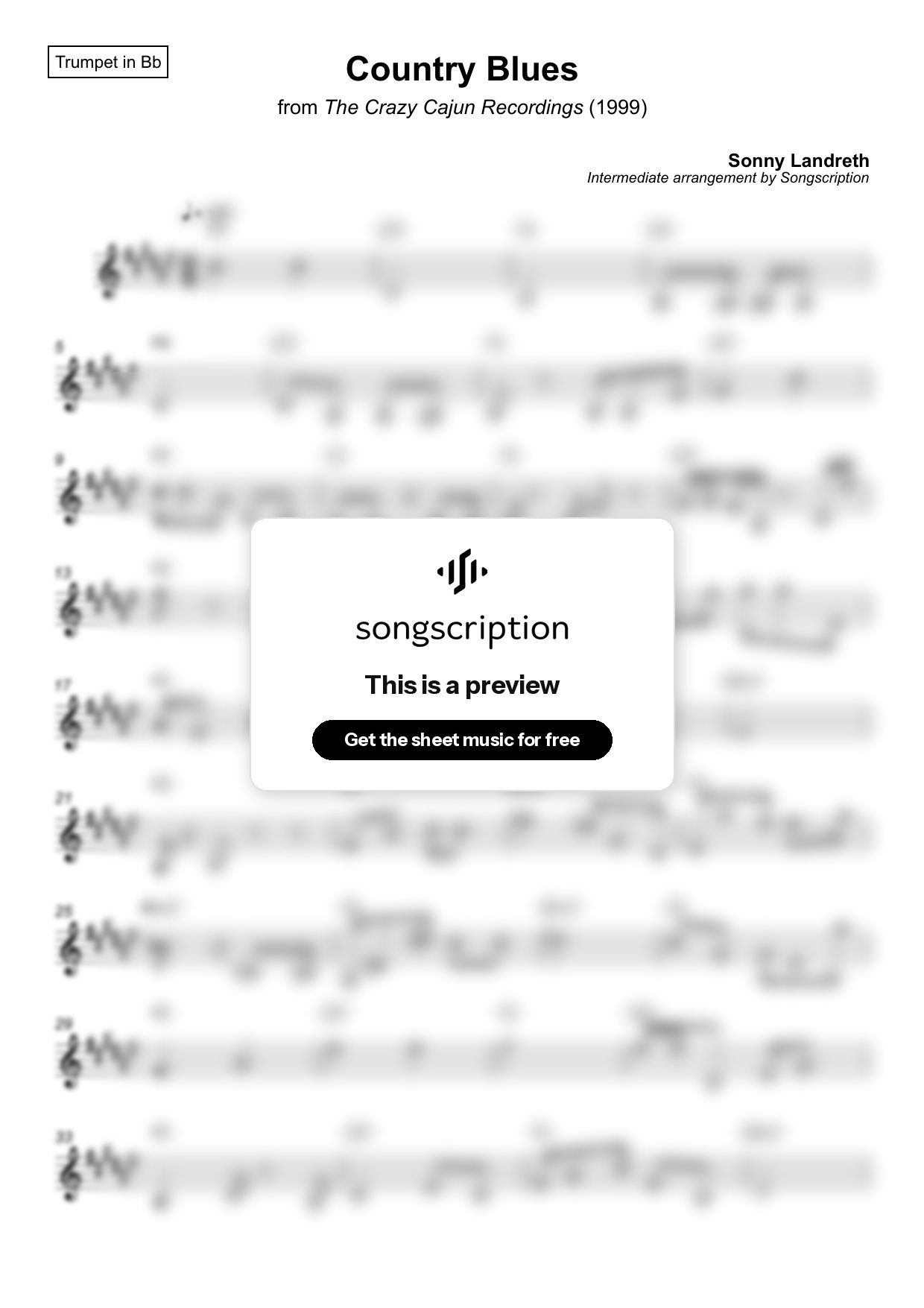 Intermediate Trumpet Sheet Music for "Country Blues" by Sonny Landreth