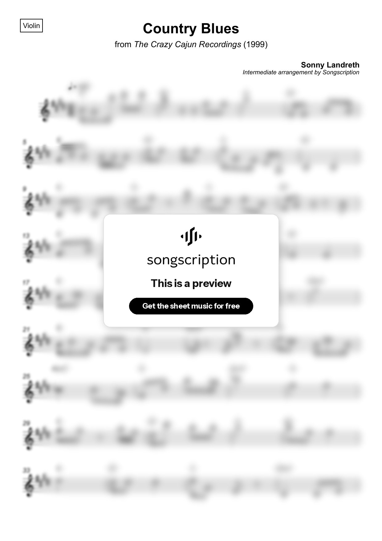 Intermediate Violin Sheet Music for "Country Blues" by Sonny Landreth