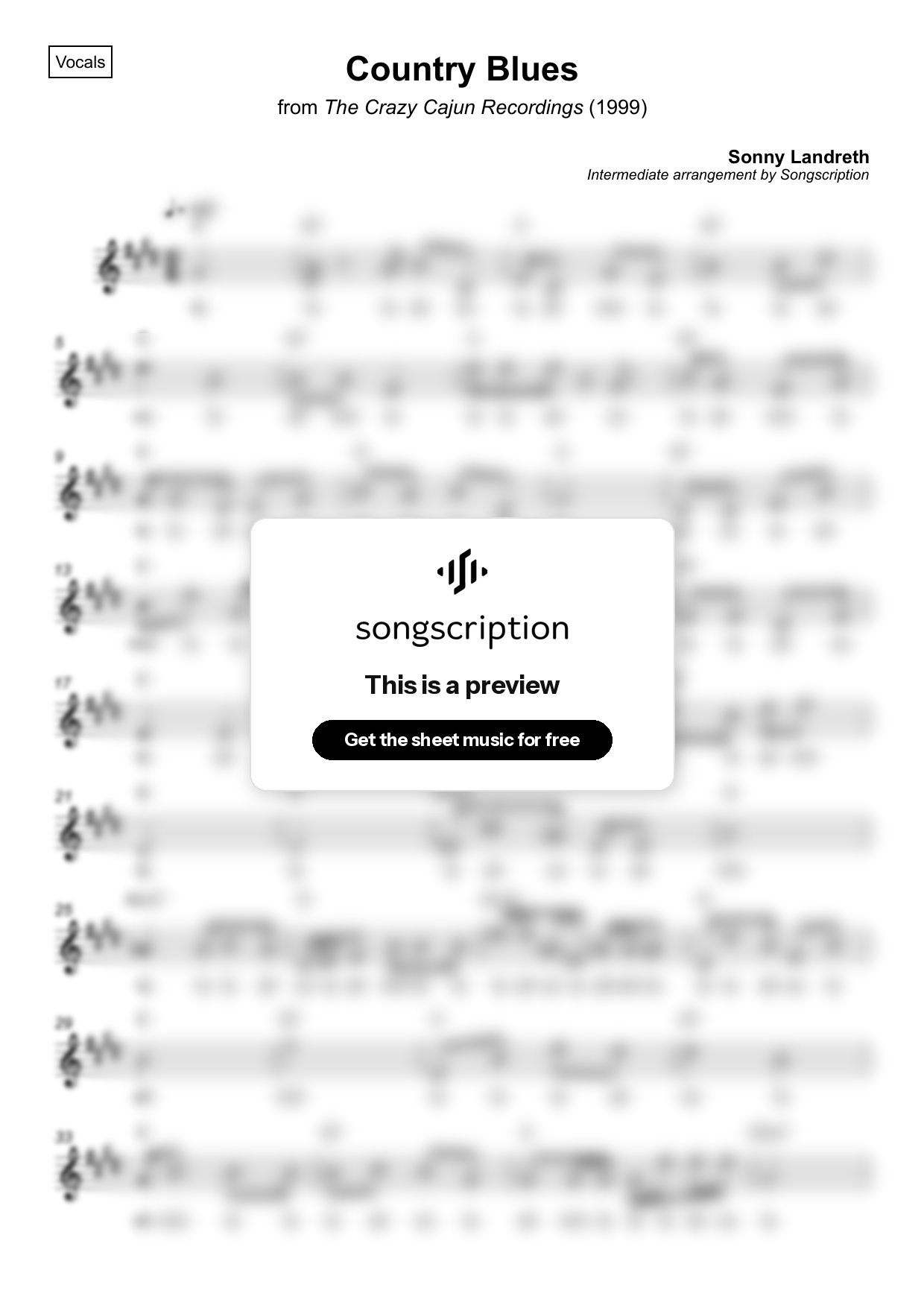 Intermediate Vocals Sheet Music for "Country Blues" by Sonny Landreth