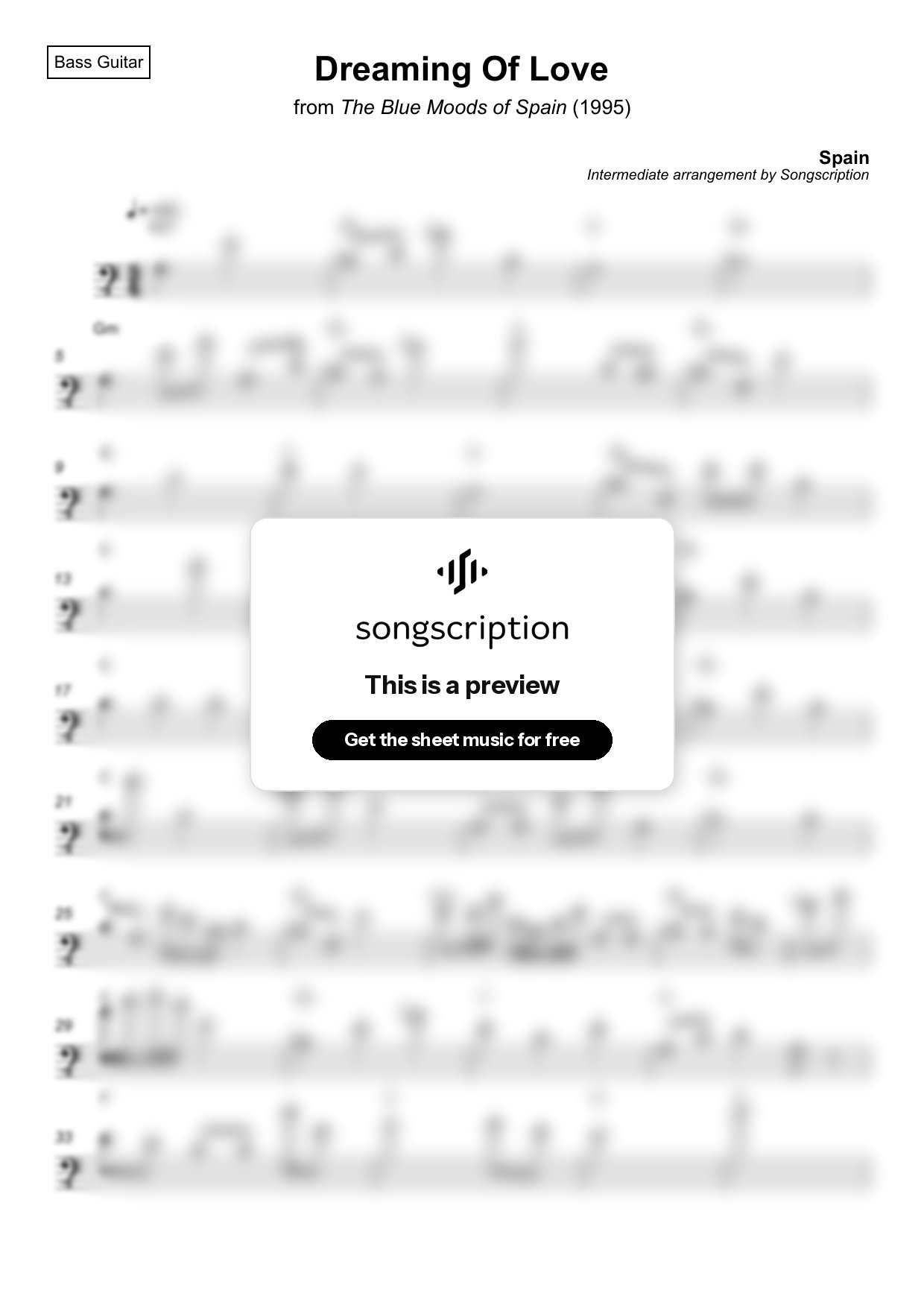 Intermediate Bass Guitar Sheet Music for "Dreaming Of Love" by Spain