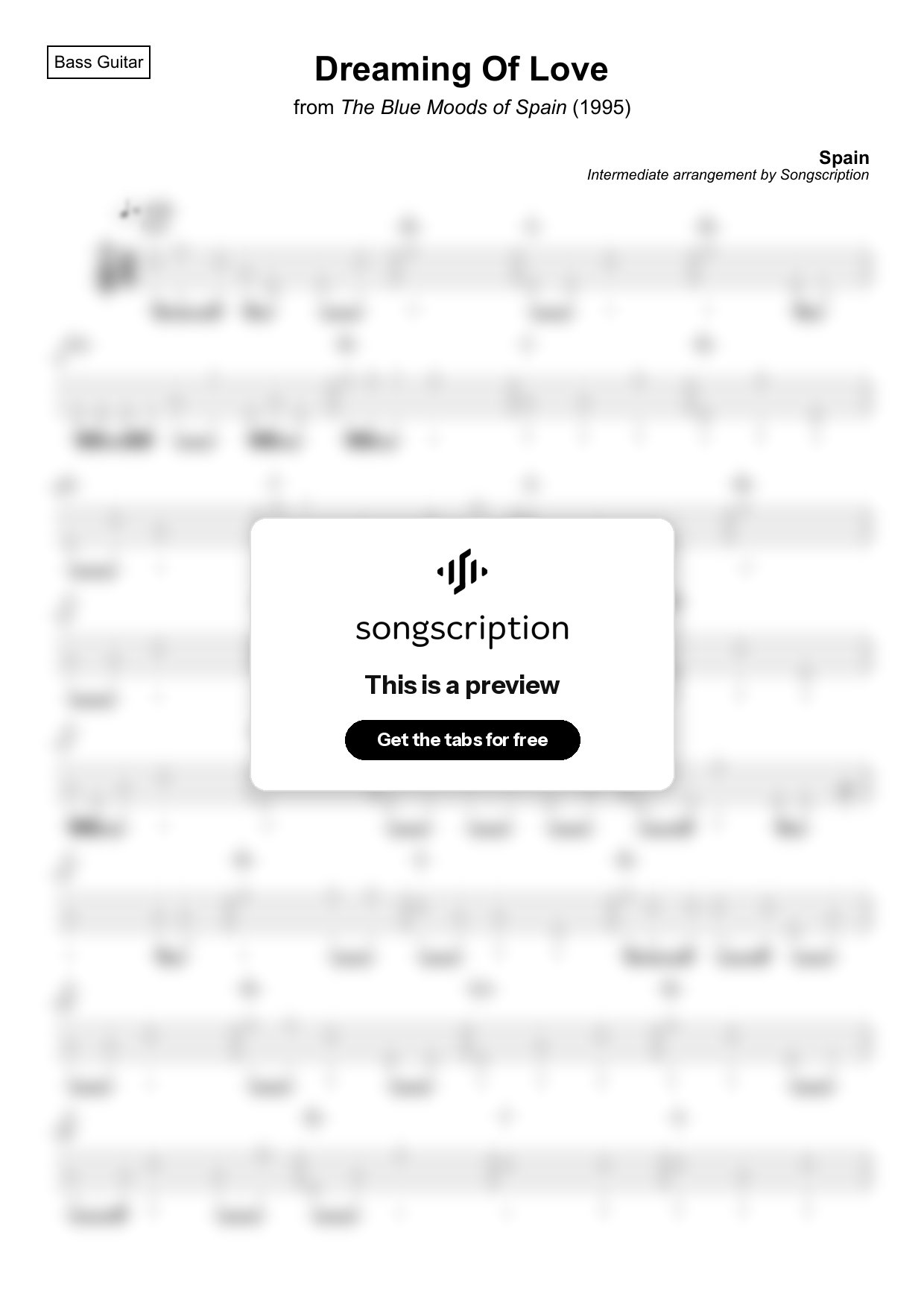 Intermediate Bass Guitar Tabs for "Dreaming Of Love" by Spain