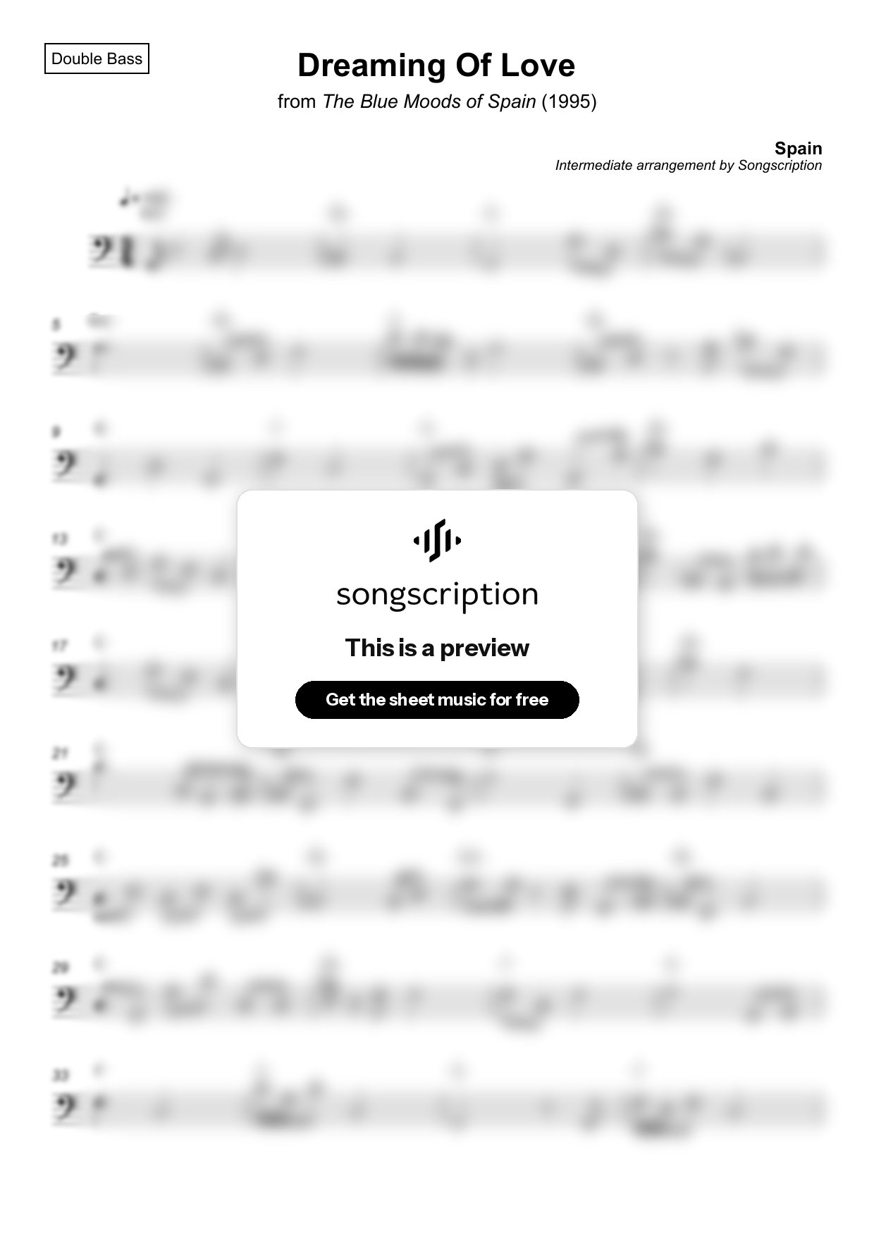 Intermediate Double Bass Sheet Music for "Dreaming Of Love" by Spain