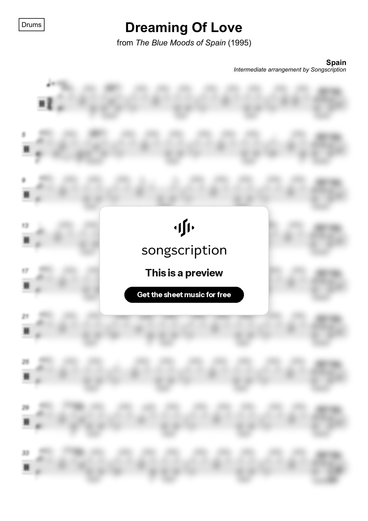 Intermediate Drums Sheet Music for "Dreaming Of Love" by Spain