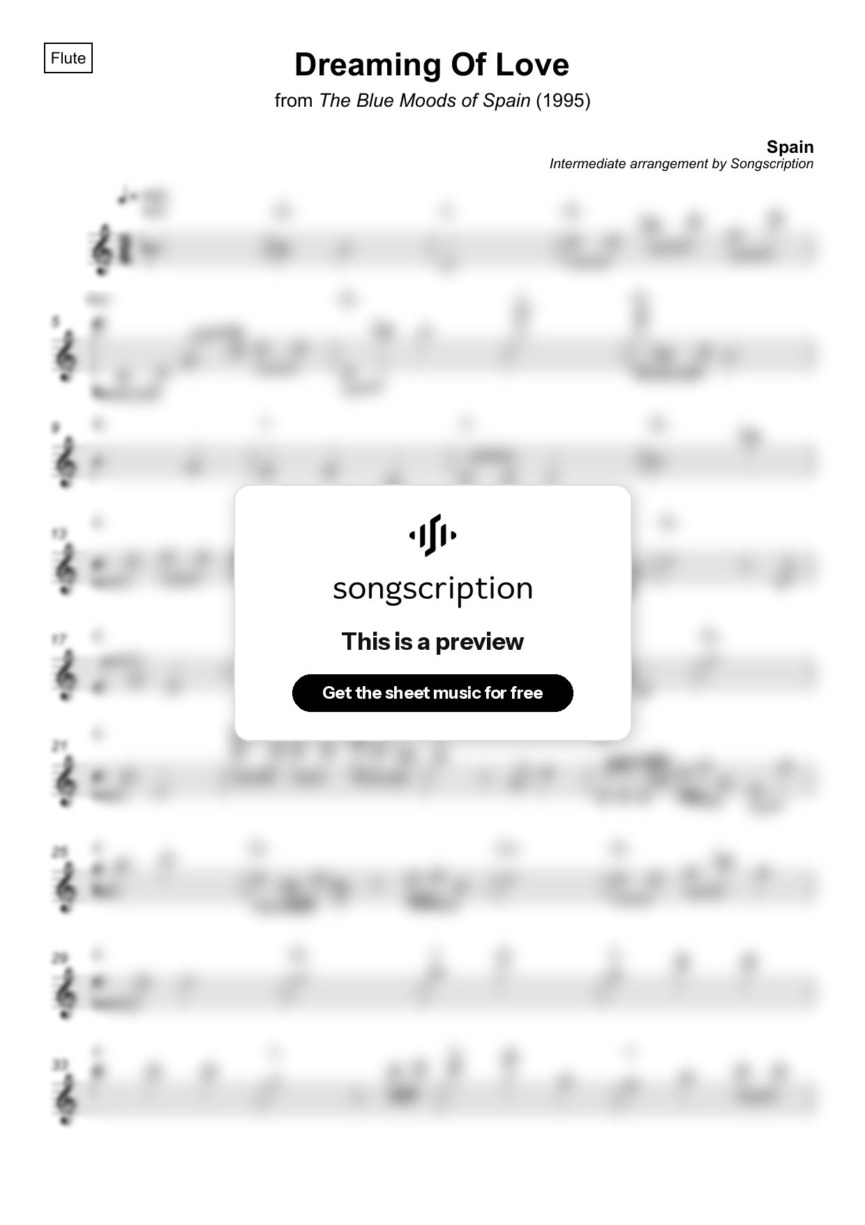 Intermediate Flute Sheet Music for "Dreaming Of Love" by Spain