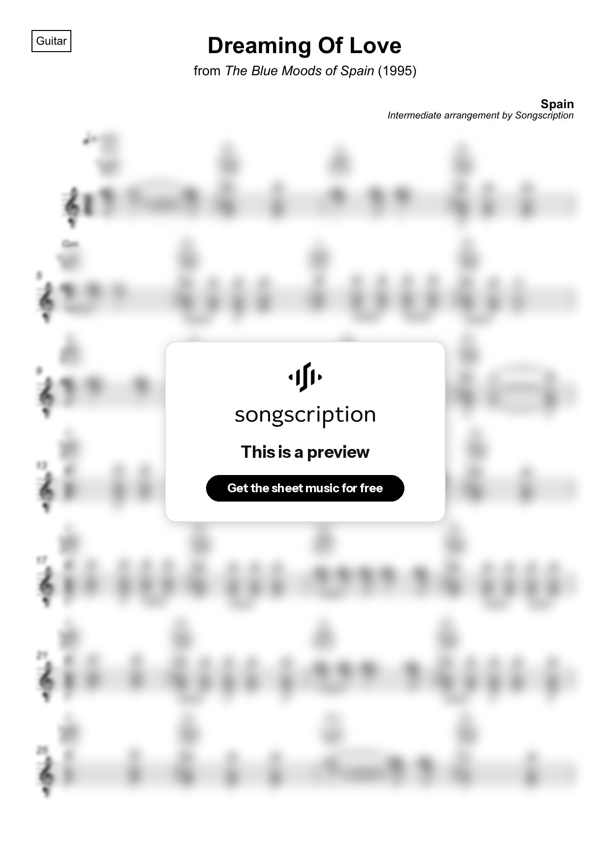 Intermediate Acoustic Guitar Sheet Music for "Dreaming Of Love" by Spain