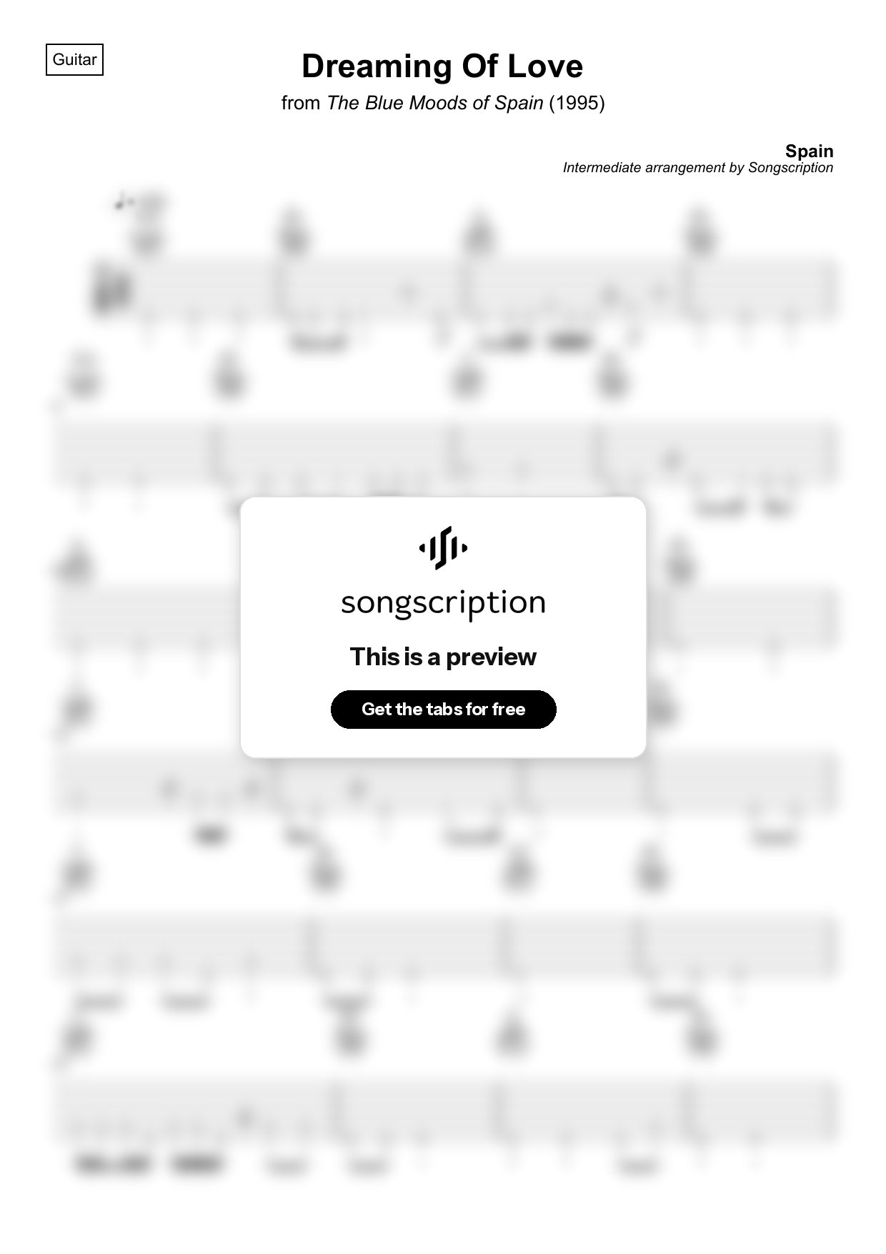 Intermediate Acoustic Guitar Tabs for "Dreaming Of Love" by Spain