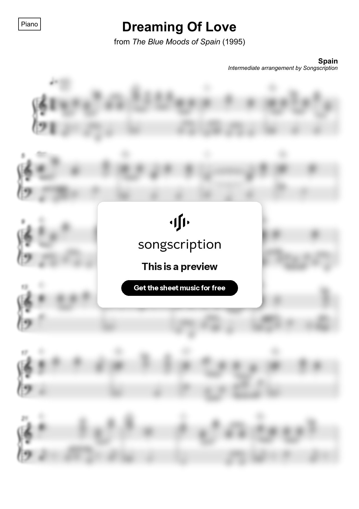 Intermediate Piano Sheet Music for "Dreaming Of Love" by Spain